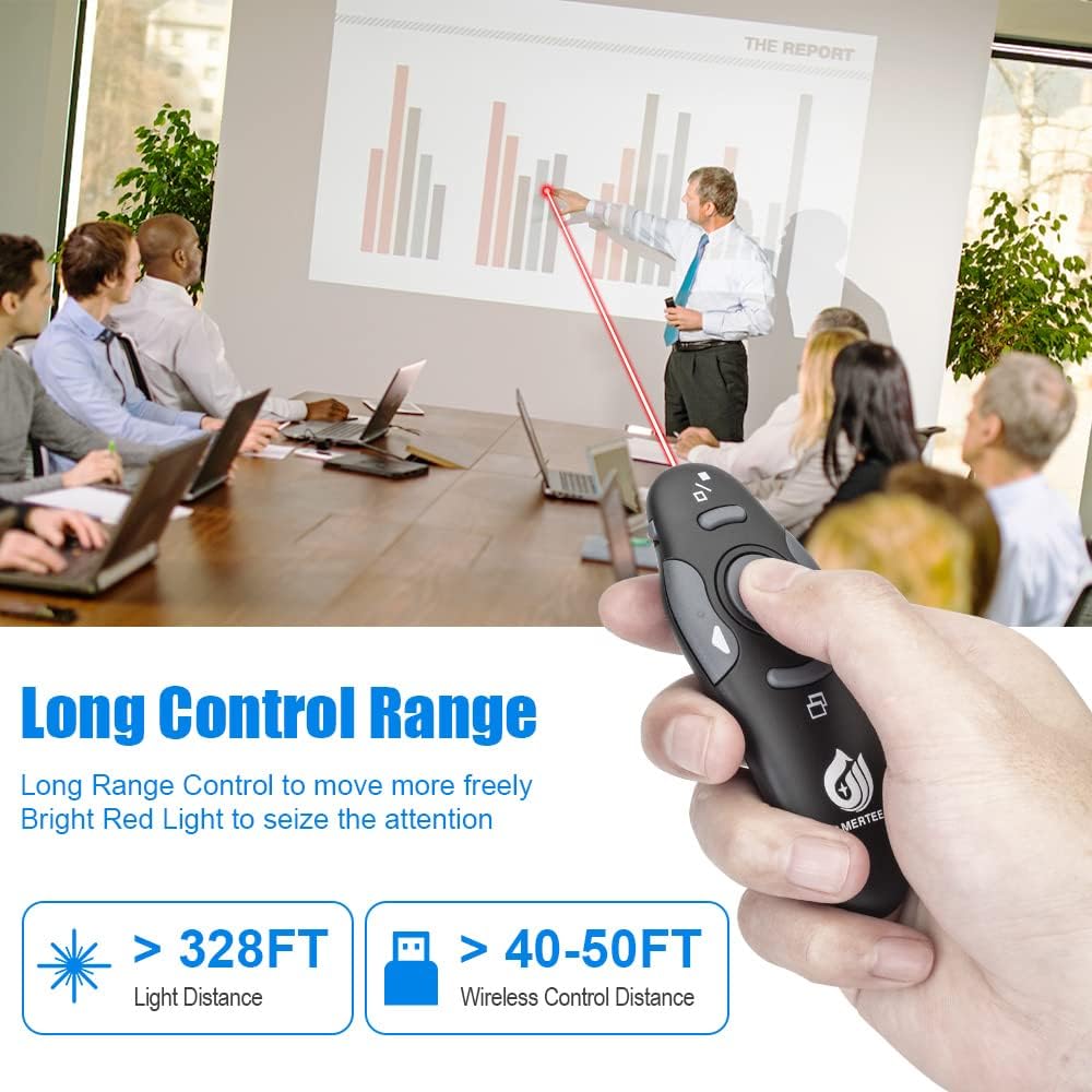 Person using AMERTEER presentation remote with red laser pointer