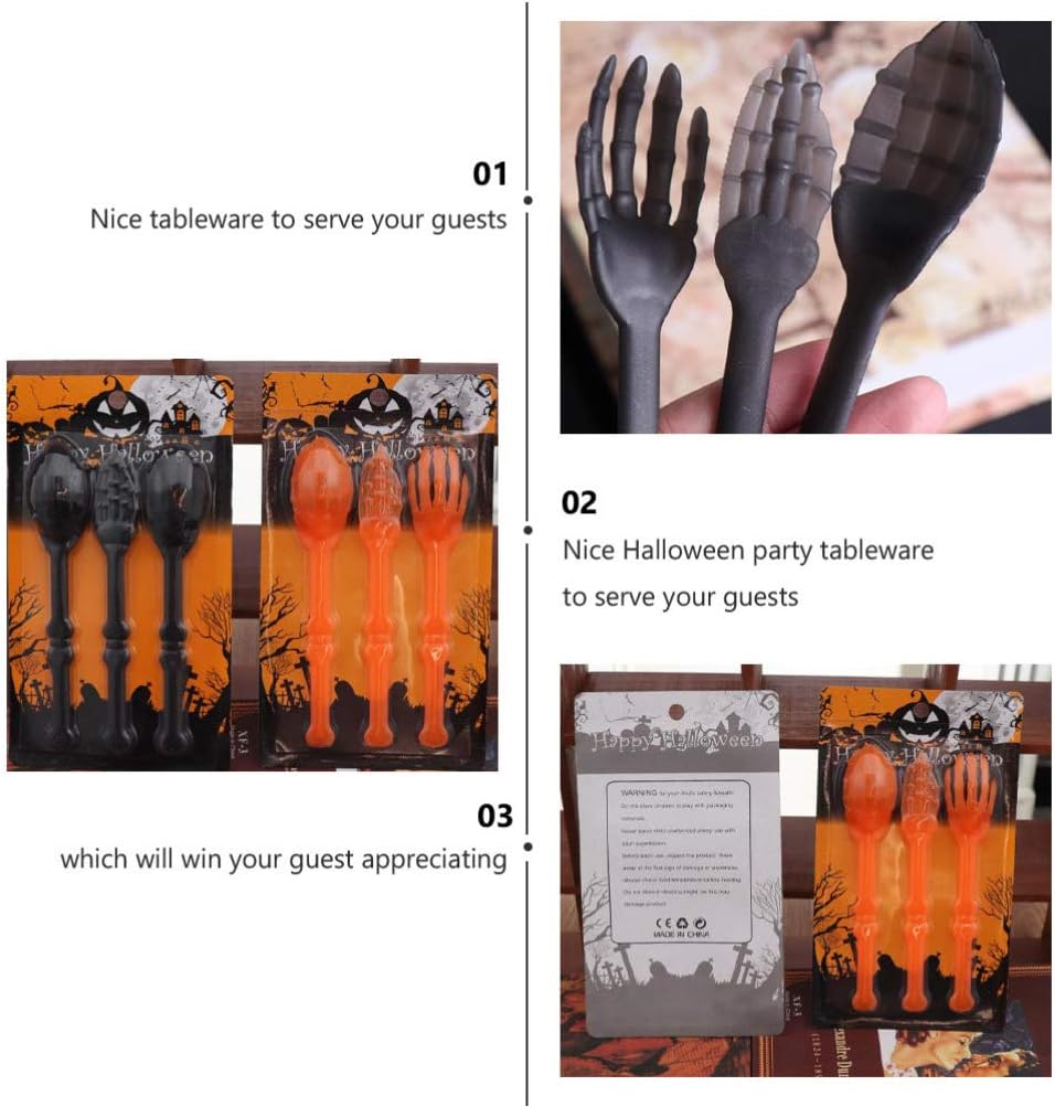 6pcs Halloween Fork Spoons Set Skull Skeleton Flatware Dinner Spoon Tableware for Halloween Home Bar Party Orange Black