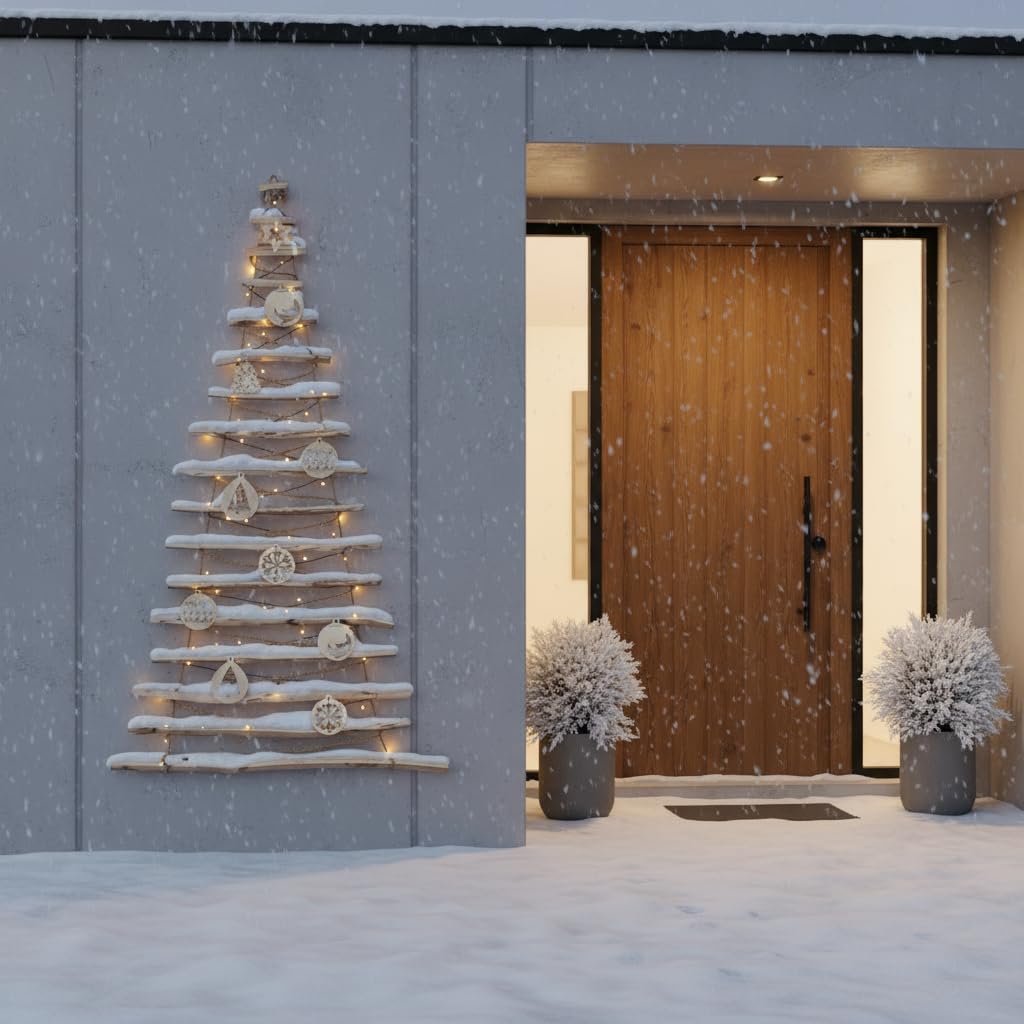 BOGATECO Albero di Natale fatto a mano, con decorazioni, 195 cm, con LED da 230 V, in legno di nocciola, ciondolo decorativo, pannelli di legno collegati a una corda di iuta con uno spessore di 6 mm