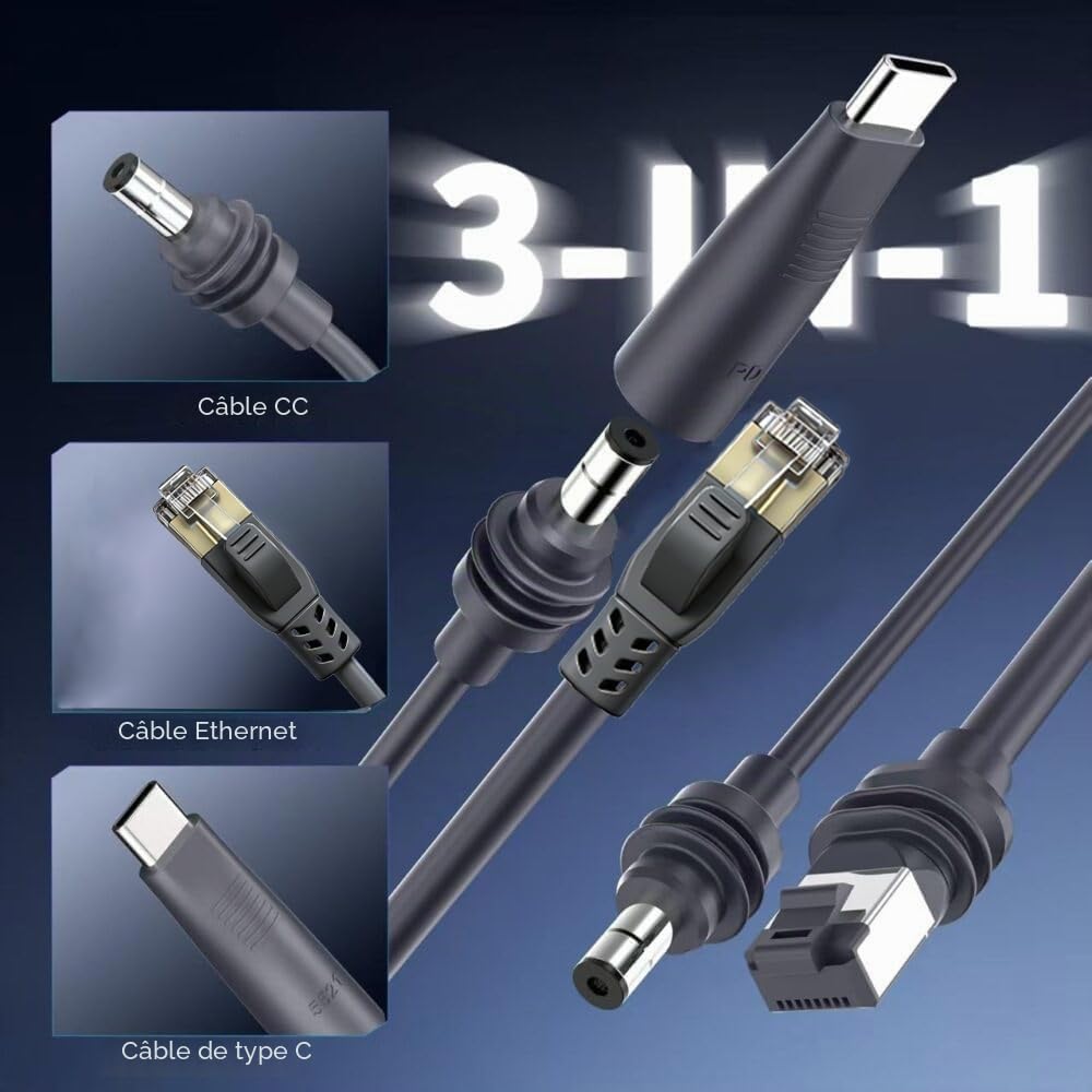 Elfcam - 5m Câble 3-en-1 pour Starlink Mini – Alimentation USB-C + Starlink Mini Standard, Connecteur RJ45 CAT6 pour Réseau Étendu,5 Mètres