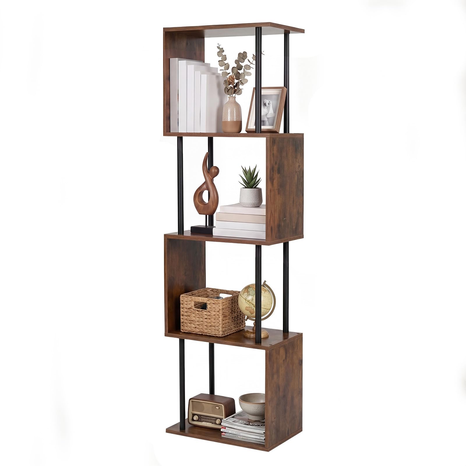 Levede 5-Tier Bookshelf, S-Shaped Wooden Geometric Bookcase Storage Unit, Narrow Freestanding Shelving Unit for Living Room & Home Office, 126 x 38 x 24 cm, Walnut