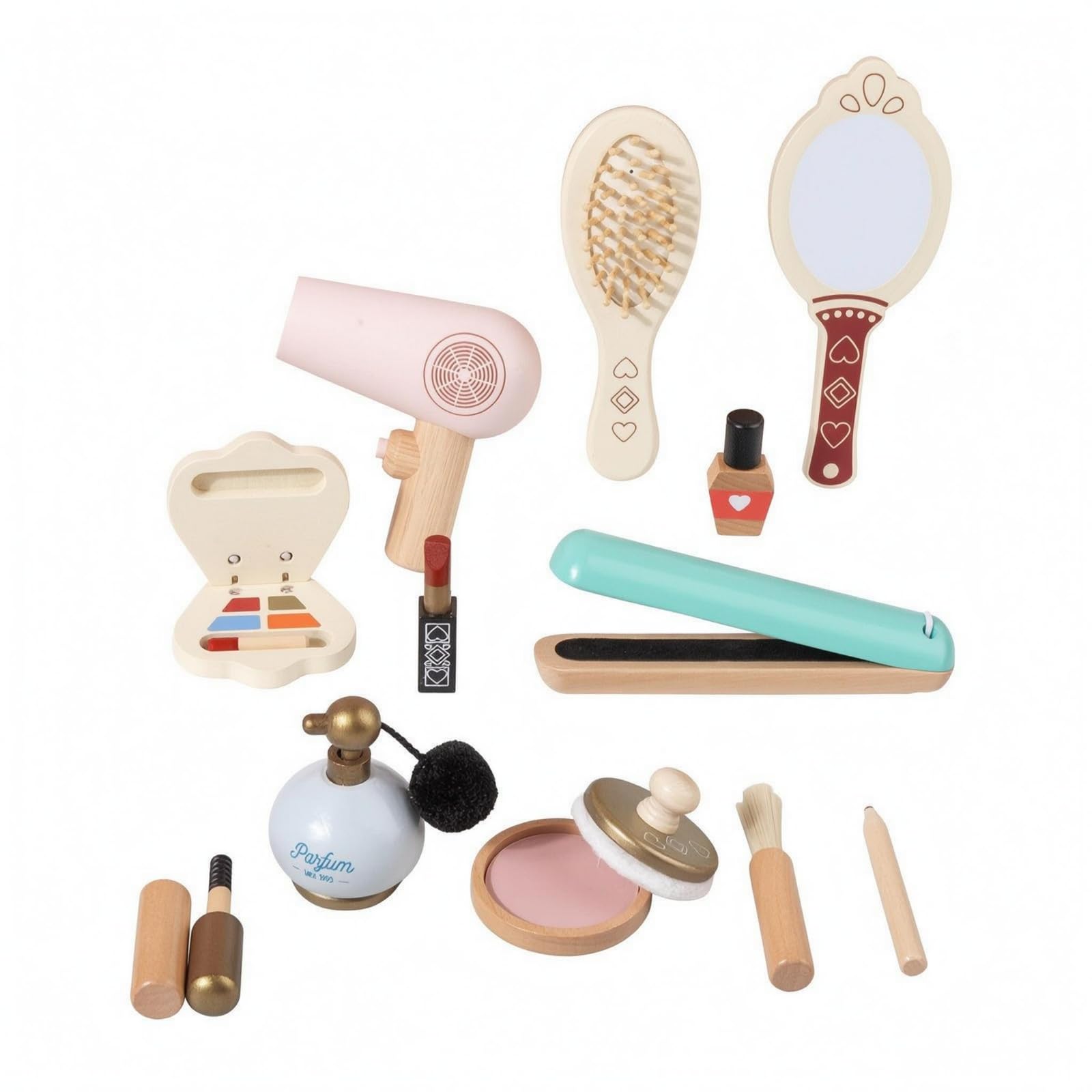 Giocattolo in Tessuto Set Trucco Bambini Kit Cosmetico in Legno Specchio Rossetto Smalto Pennello Pettine Adatto per Gioco di Ruolo Travestimenti Salone Finto Regali per Bambini