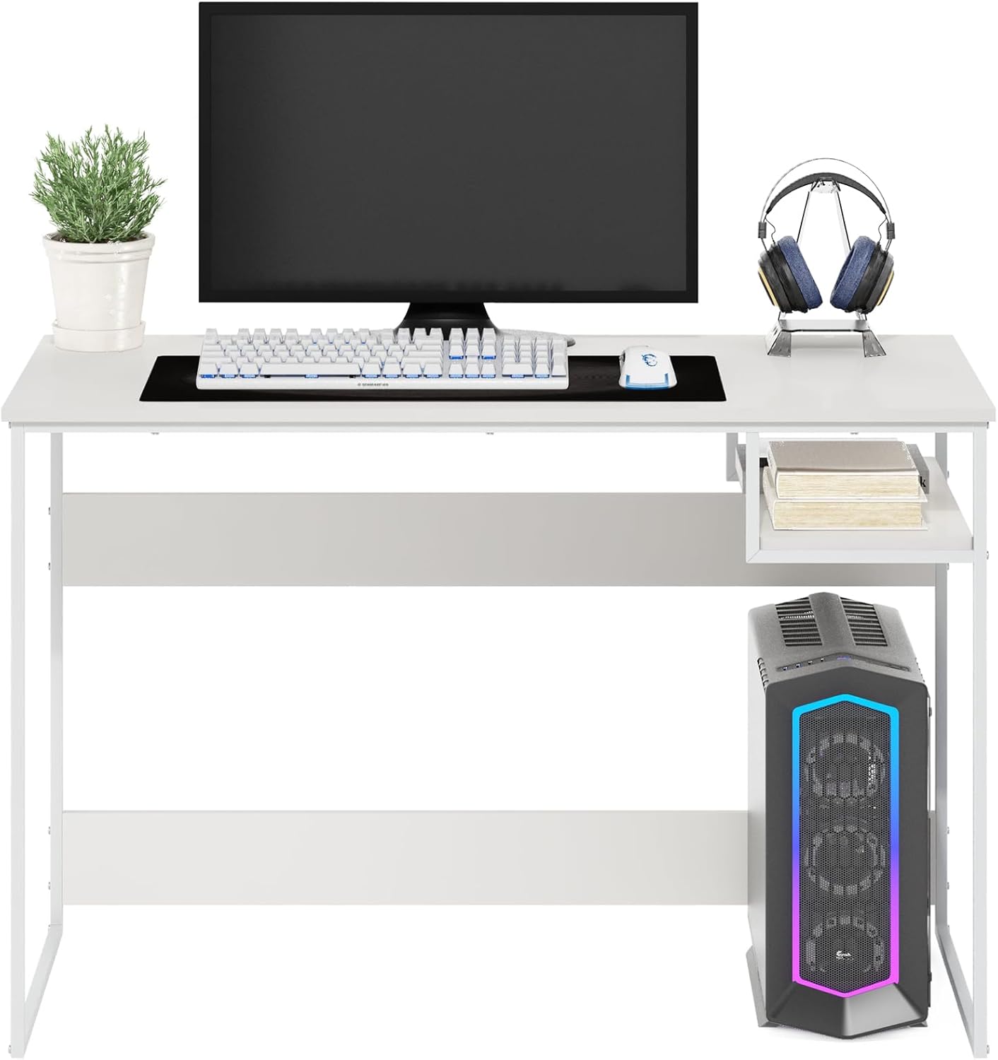 Сиде view of Furinno Moretti Desk showing metal frame assembly