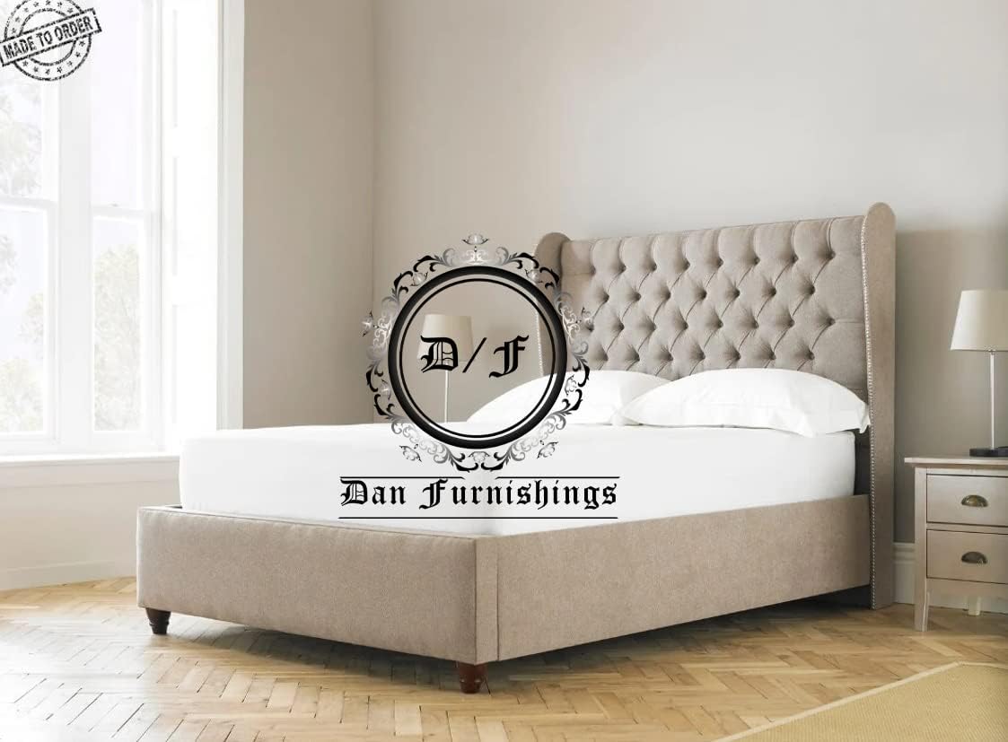 TMF Velvet Double Bed Frame with Winged Headboard - Chesterfield (Cream ...
