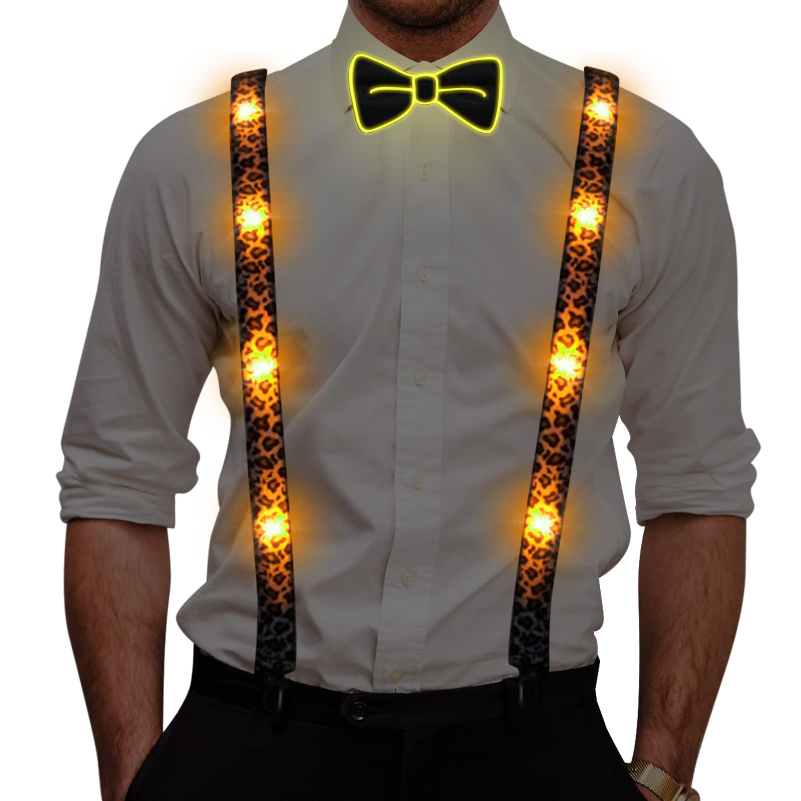 Light Up Suspenders LED Tirantes, Pajarita y Tirantes Set para Hombres Disfraz de Fiesta de Navidad (Amarillo)