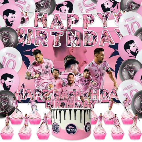 42Pack Messi Party Supplies Pack Includes，Banner，Cake Topper，Blackdrop,Balloons for Soccer Messi