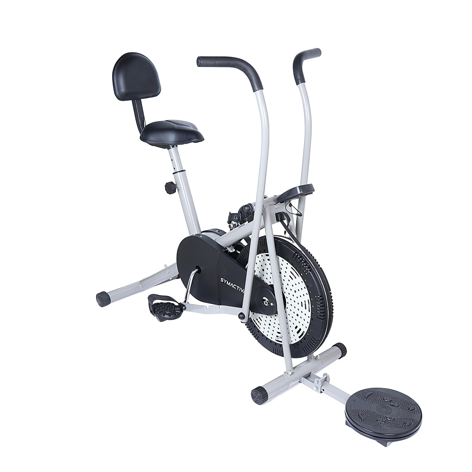 Amazon Brand - Symactive Air Bike Exercise Cycle with Moving/Stationary Handles, Adjustable Resistance with Cushioned Seat, Back Support & Twister, Max User Weight 100 Kg