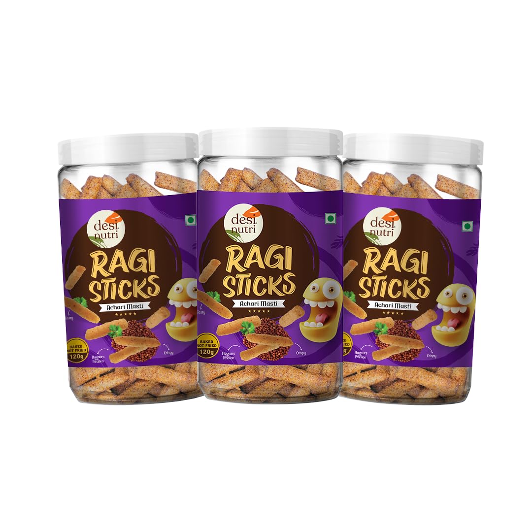Desi Nutri Ragi Sticks | Rich in Nutrients like Iron & Protein | Ready to Eat Ragi Sticks Achari Masti |Tasty Achari Flavour | Ideal for Binge Munching, Night Cravings or Evening Snack | Baked | Pack of 3 - 120 gms each (B0C23LTZ6T) Amazon Price History, Amazon Price Tracker