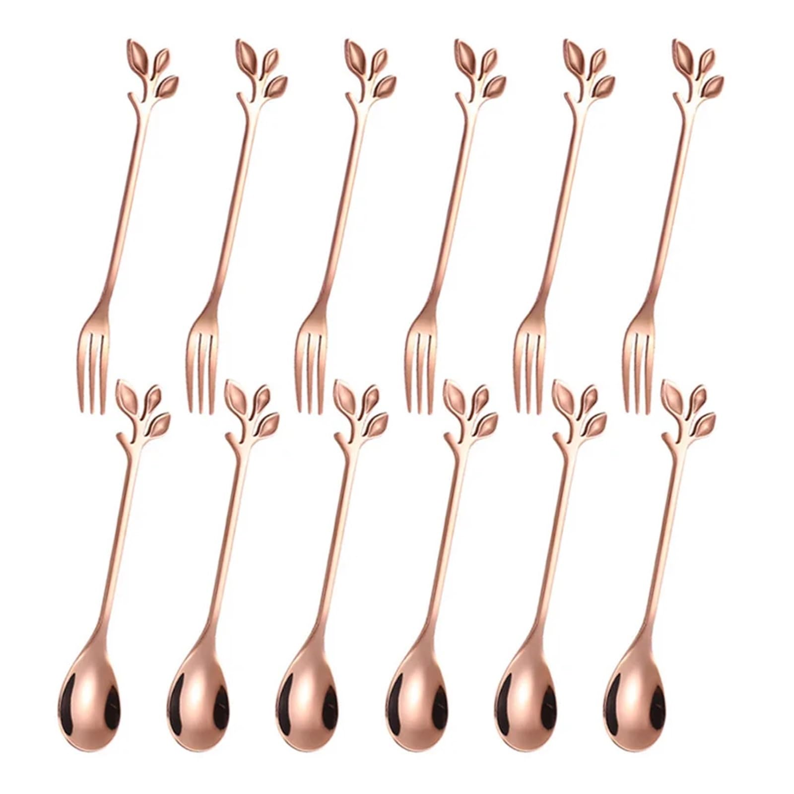 12 pezzi creativi in ​​​​acciaio inossidabile foglie cucchiaio forchetta da frutta cucchiaio da caffè dessert gelato scoop accessori da cucina set di posate (Color : 12PCS Rosegold Set)