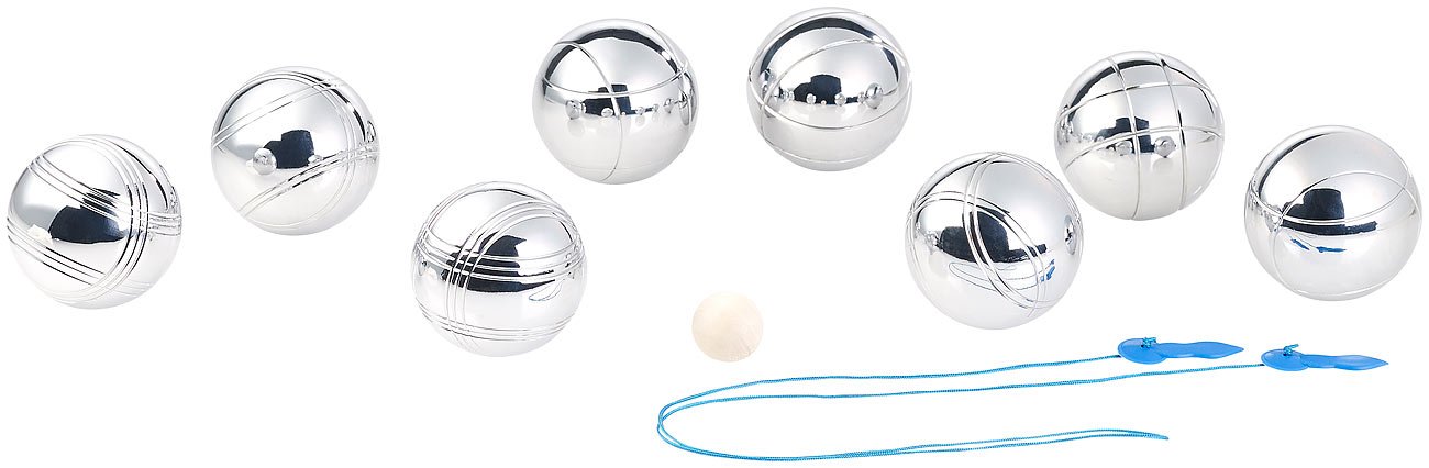 PEARL Bocciakugeln: Boule- & Boccia-Spiel: 32 Metall- und 4 Holz-Kugeln, Abstandsmesser (Bocciaspiele, Bocciakugel, Ball)
