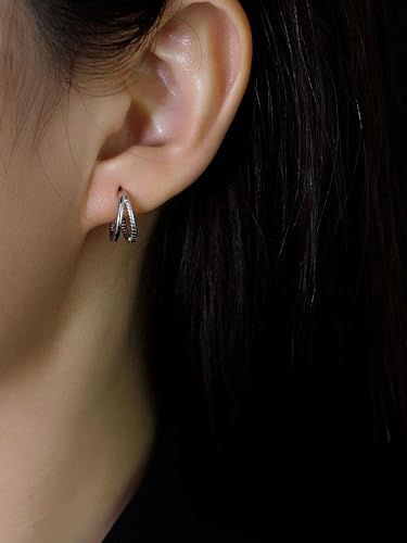 Miniatura 6 de Fine Jewelry 925 Silver Earrings - Double Layered Design - 18K Gold Plated Sterling Silver Hoop Earrings for Women - Hallmark (silver)