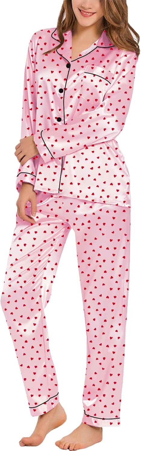 SWOMOG Womens Silk Satin Pajamas Set Long Sleeve Button Down Sleepwear 2 Piece Lounge Set Pj Set XS-3XL