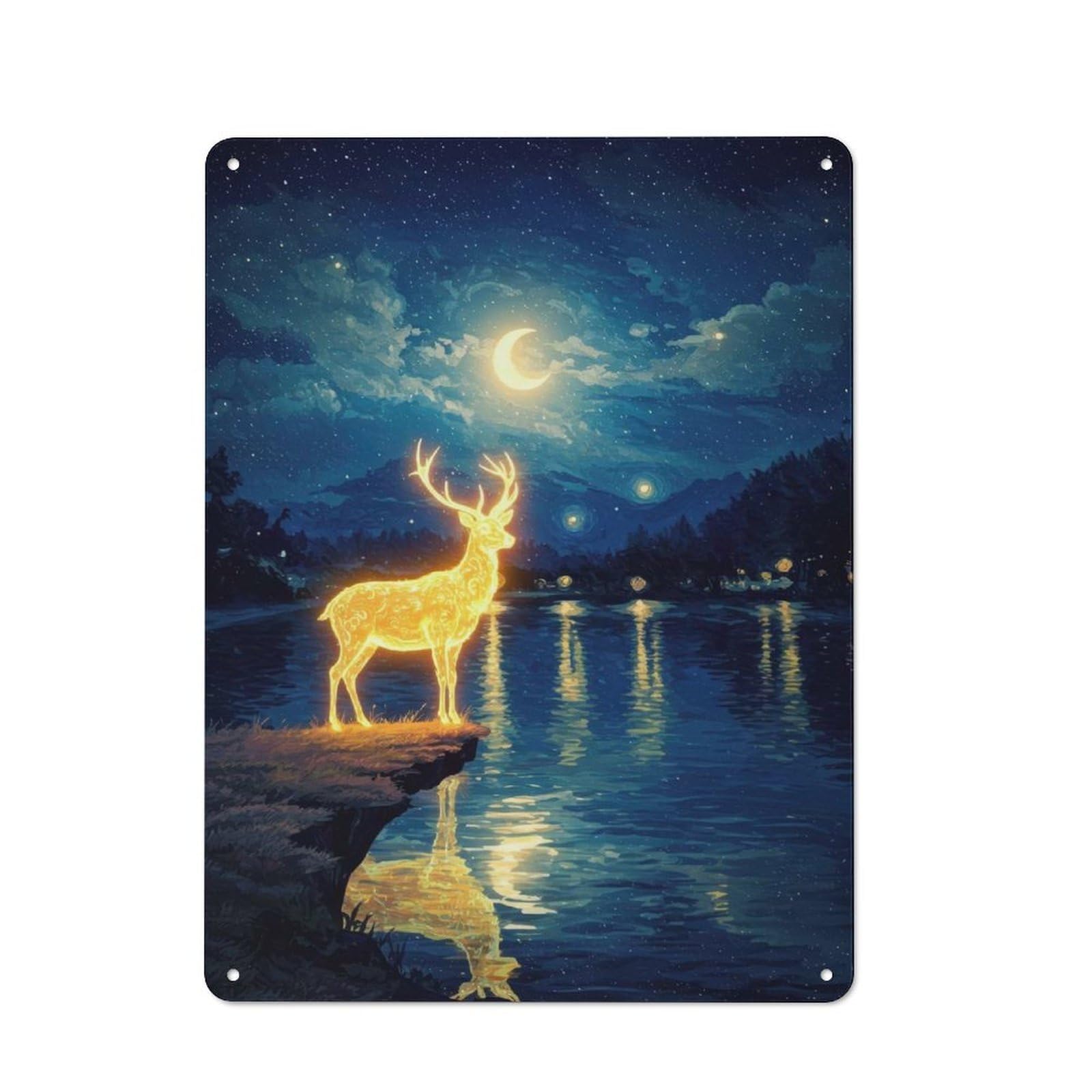 Junmoney Glowing Deer By Lake At Night For Living Room Or Hallway, Rustic Metal Sign 40X30cm, For Home Interiors, Feature Walls And Decorative Displays