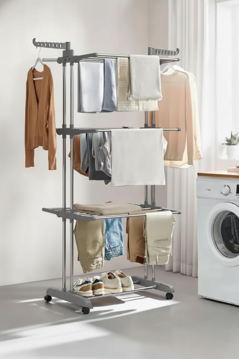 V-MOP Cloth Drying Rack (Grey) | Premium Heavy Duty Stainless Steel Clothes Drying Stand | | Cloth Rack for Clothes | Foldable Cloth Stand | Cloth Dry Stand for Indoor and Outdoor (3 Tier)-image-43