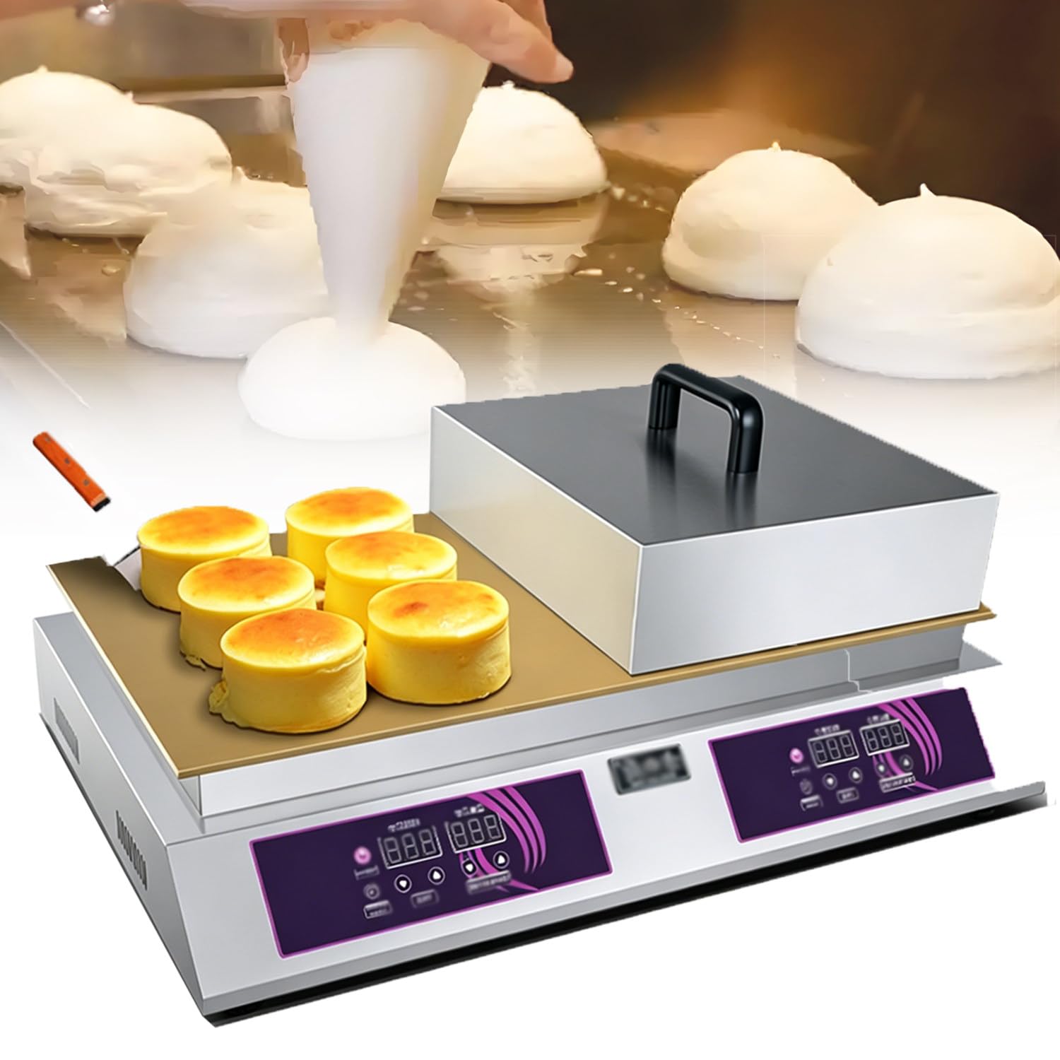 QuinteZhenTially Dorayaki Making Machine,Commercial Electric Pancake Maker,Non-Stick Soufflé Baker Machine,Temperature & Time Control,for Restaurants,Bakeries,Casual Snack Bars Doublehead