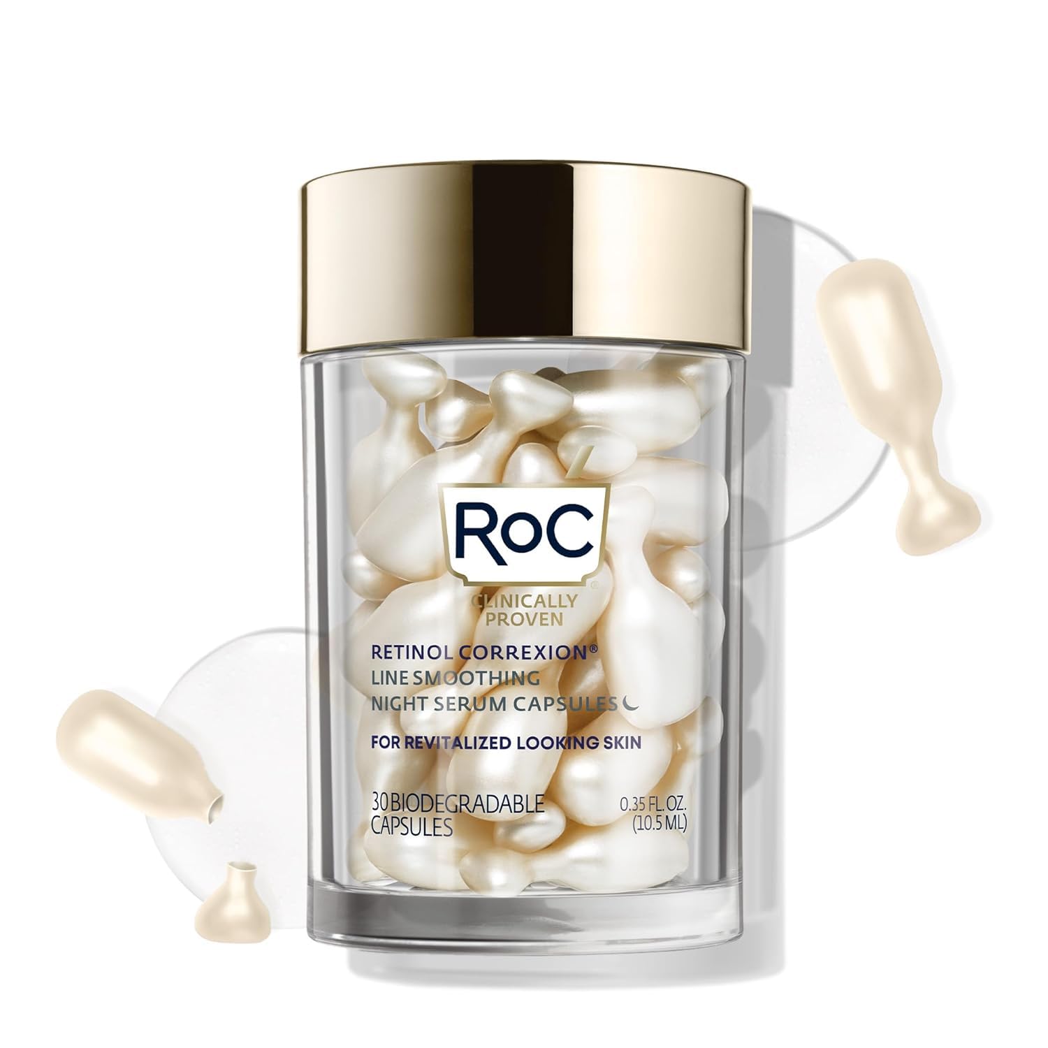 RoC Retinol Correxion Anti-Aging Wrinkle Night Serum, Retinol Serum for Face, Daily Treatment for Fine Lines, Post Acne Scars, 30 Capsules, Unscented, 0.35 Fl Oz