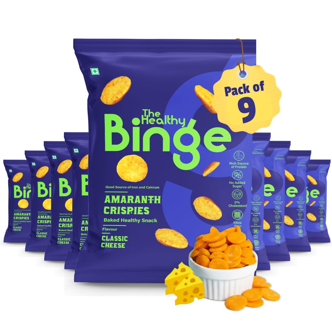 The Healthy Binge Amaranth Baked Chips Snacks for Adults and Kids| Healthy snacks for kids and adults | Classic Cheese Flavour | Protein | Gluten Free | 0% Cholesterol | Pack of 9 (40 Gm X 9)