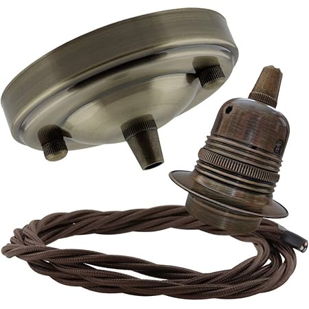 Art Deco Emporium Large Vintage Styled Ceiling Pendant Kit incl. Antiqued Brass Finish Rose, E27 Bulb Holder and 3 Core Mocha Brown Braided Twisted Flex