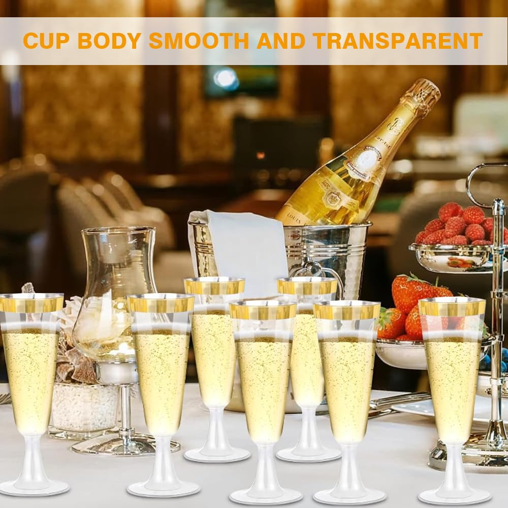 YZDZSW 25 Pcs Plastic Champagne Flutes, Disposable Prosecco Glasses, Plastic Flute Glasses for Mimosa Martini Margarita (Gold line) - Image 4