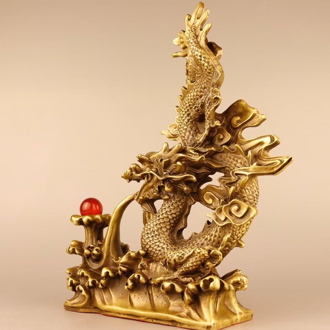 Chińska mosiężna rzeźba z drewna czysta miedź Feng Shui smok statua dom biuro biurko przynosząca szczęście dekoracja 6,7 x 2 x 7,9 cala 1,1 kg
