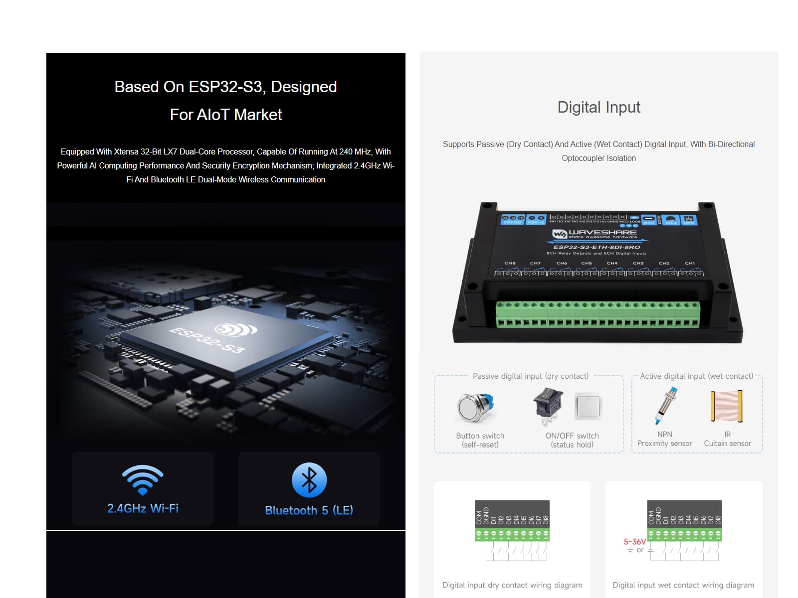Waveshare Industrial 8-Channel ESP32-S3 WiFi Relay Module Based on ESP32-S3,with Poe Function,Supports RS485 And Bluetooth/WiFi Remote Control,with Multiple Isolation Protection Circuits