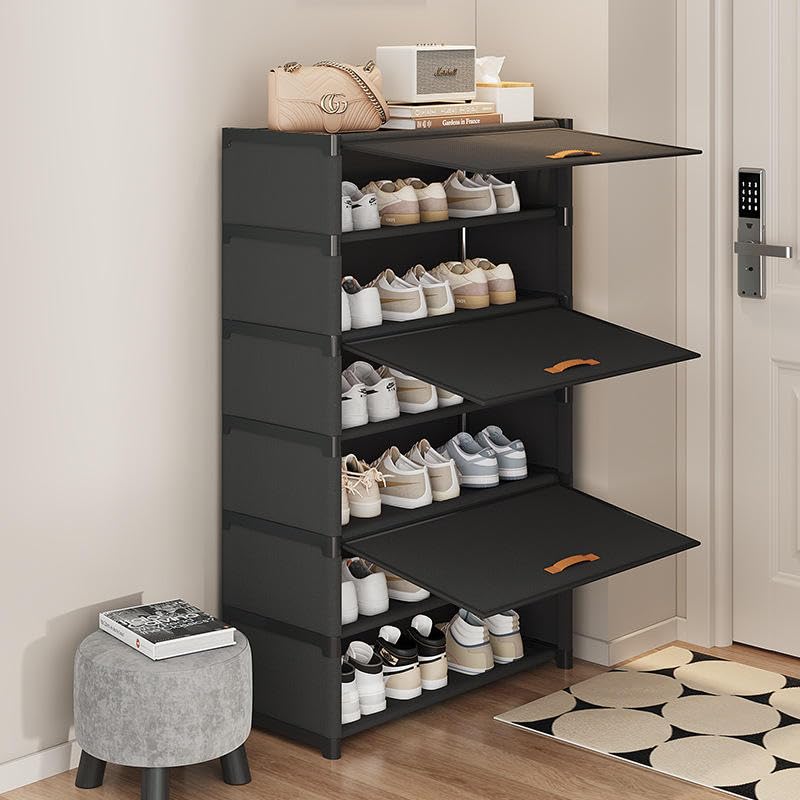 Image of Shoe Storage Organizer Stackable Shoe Box with Door Universal Size Shoe Organizer Multi Purpose Space-Saving Shoe Box for Men and Women (3 Rack) (Black, 6 Layer)