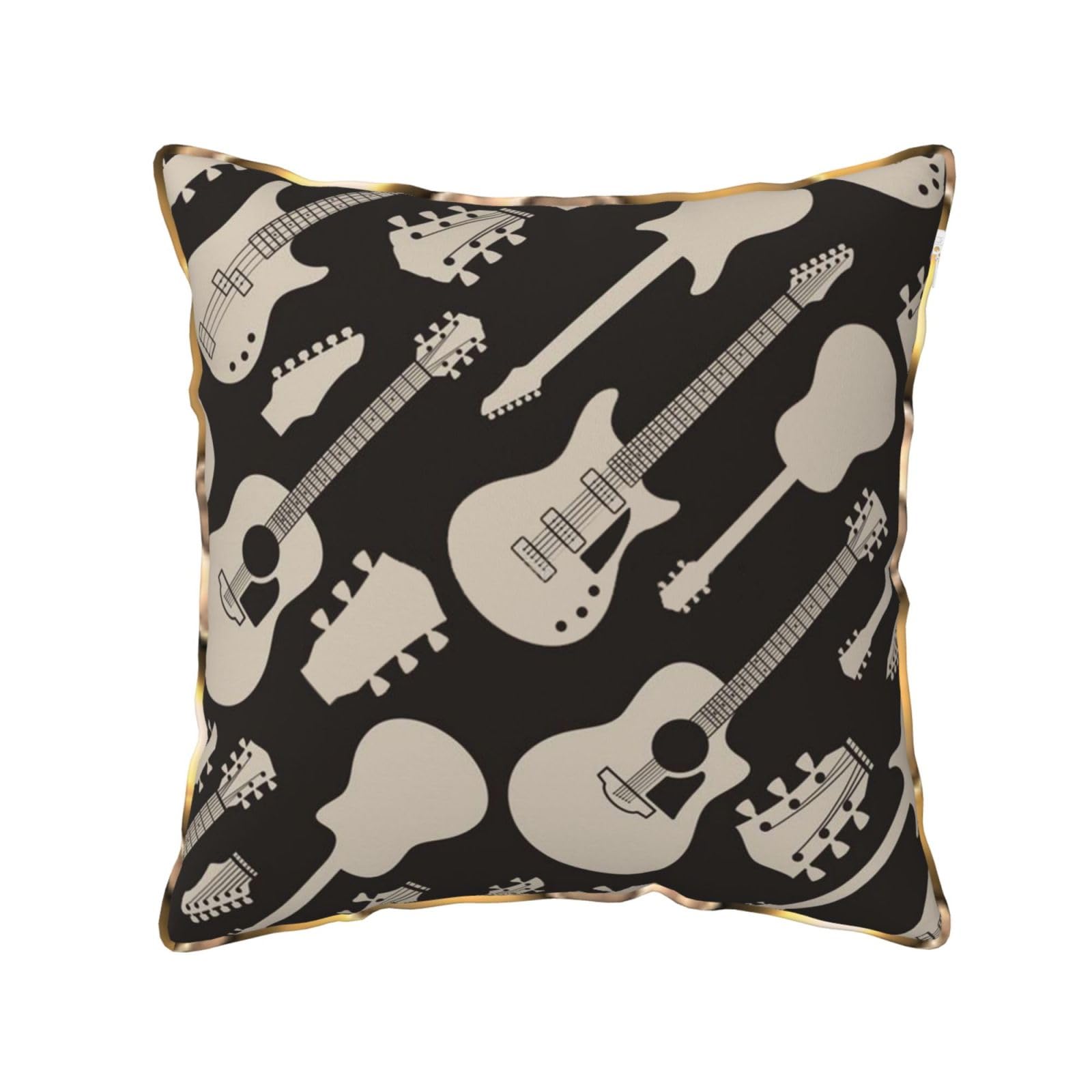 AUBKFELD Guitar pattern Printed Velvet Cushion Cover 50x50 CM with Gold Edging Strip, Square Pillowcase Soft Throw Pillow Covers Case Decorative for Living Room Sofa Couch Bed Bench