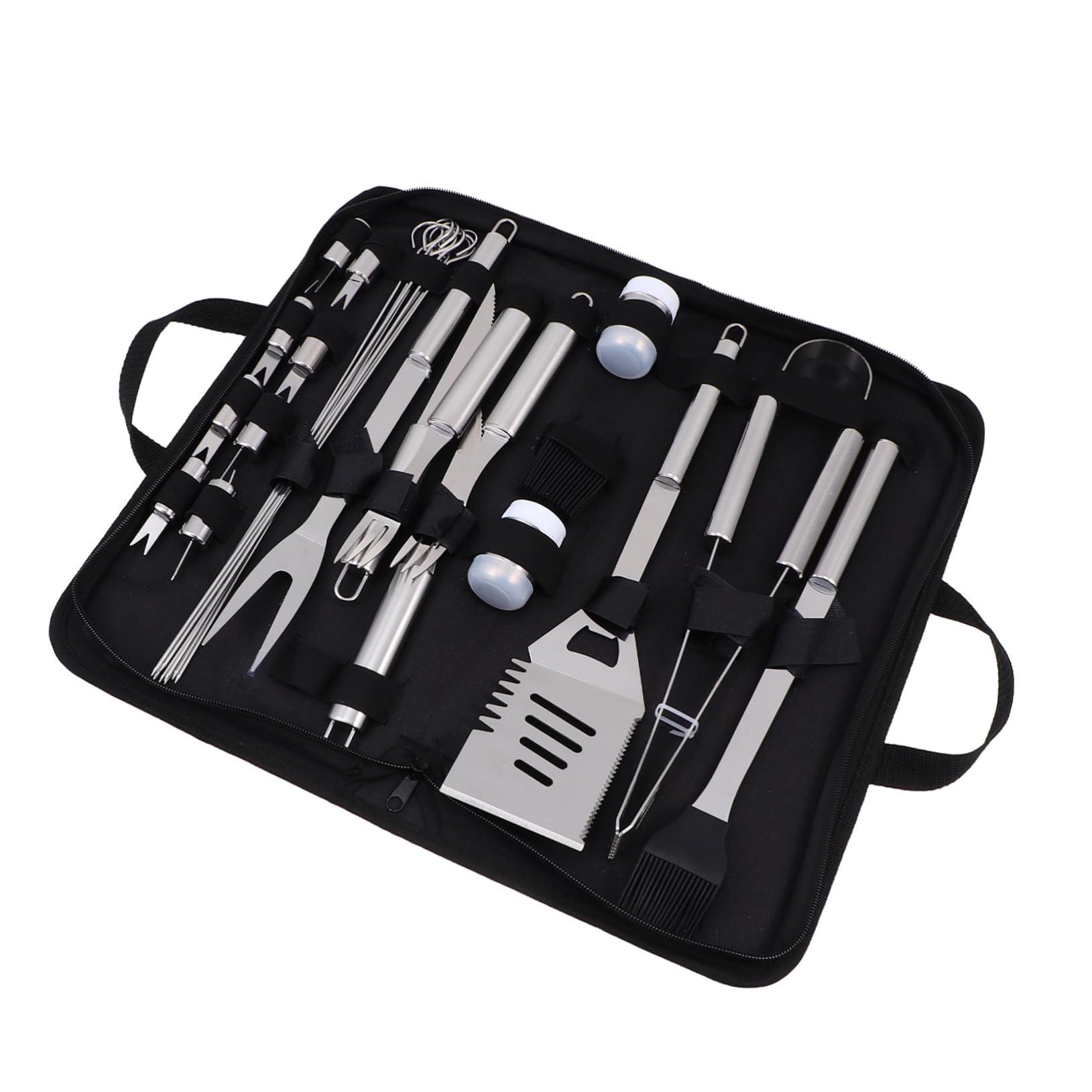 Utensili Barbecue in Metallo Inossidabile Kit Completo per Grigliate all'Esterno con Custodia Portatile Accessori Bbq Resistenti e Facili da Usare per Escursioni e Feste all'Aria