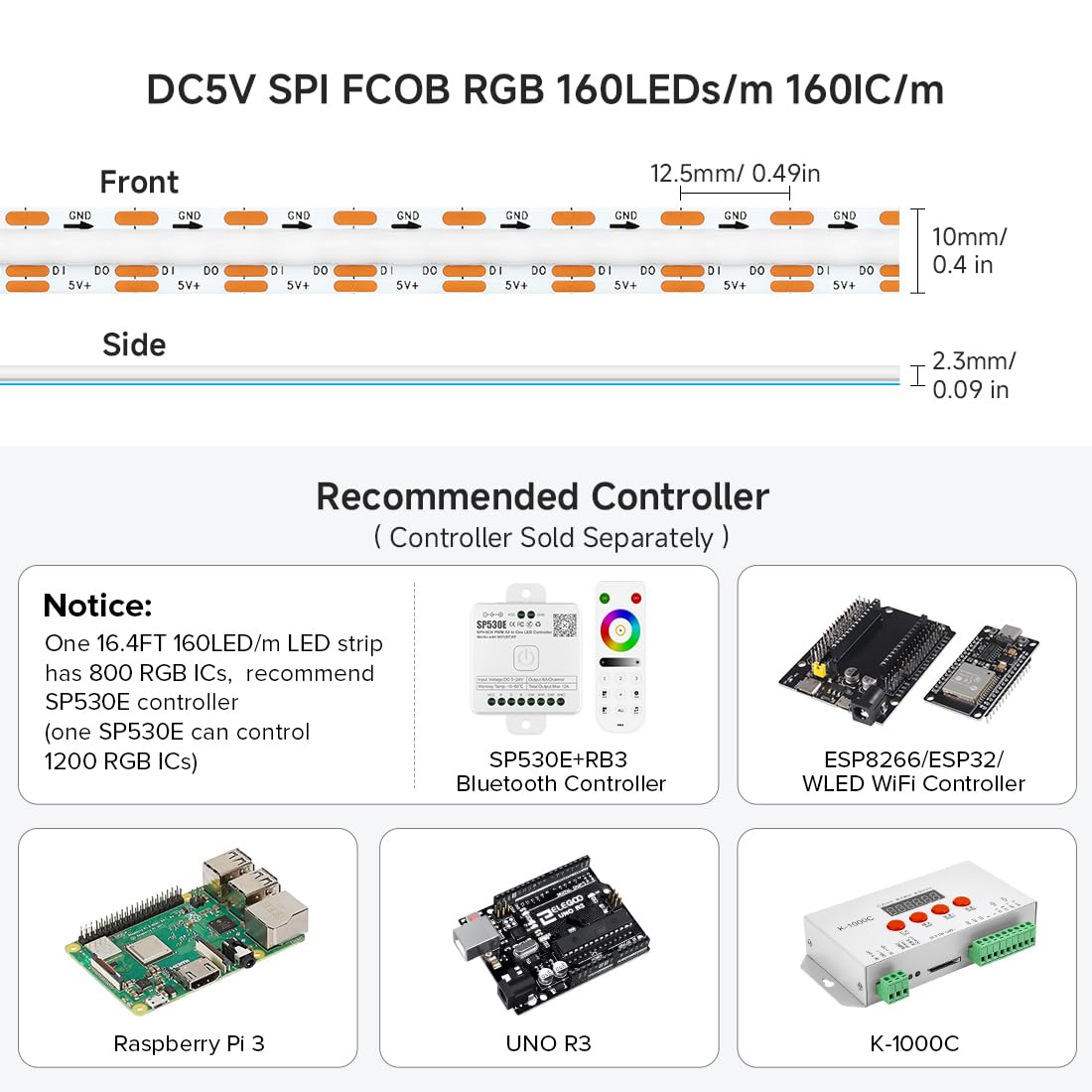 BTF-LIGHTING WS2812B FCOB COB Tira LED RGB Direccionable Individualmente Chasing Colour 5m 160LEDs/m alta densidad DC5V IP30 uniforme regulable cinta flexible para fiesta gaming cocina DIY (Solo Tira)