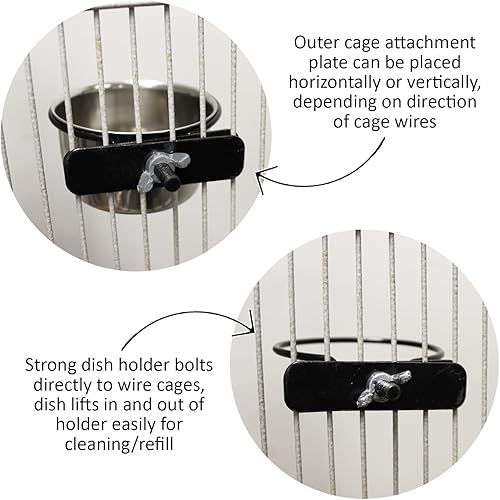 Stainless Steel Cup w/Holder - Durable Metal Mountable Food & Water Dish - Sugar Gliders, Hedgehogs, Chinchillas, Rats, Ferrets, Guinea Pigs, Rabbits, Squirrels, Birds (5 oz., Silver)(Silver,10 oz.)