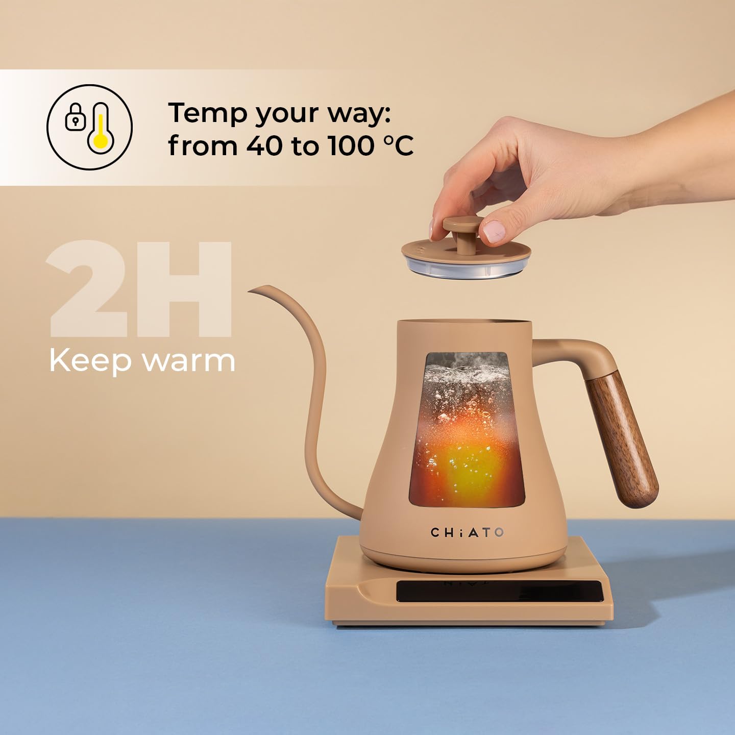 flowPLAY Czajnik elektryczny z gęsią szyją, 0,6 l – czajnik elektryczny do wsypywania kawy, barista z regulacją temperatury, stal nierdzewna (beżowy)