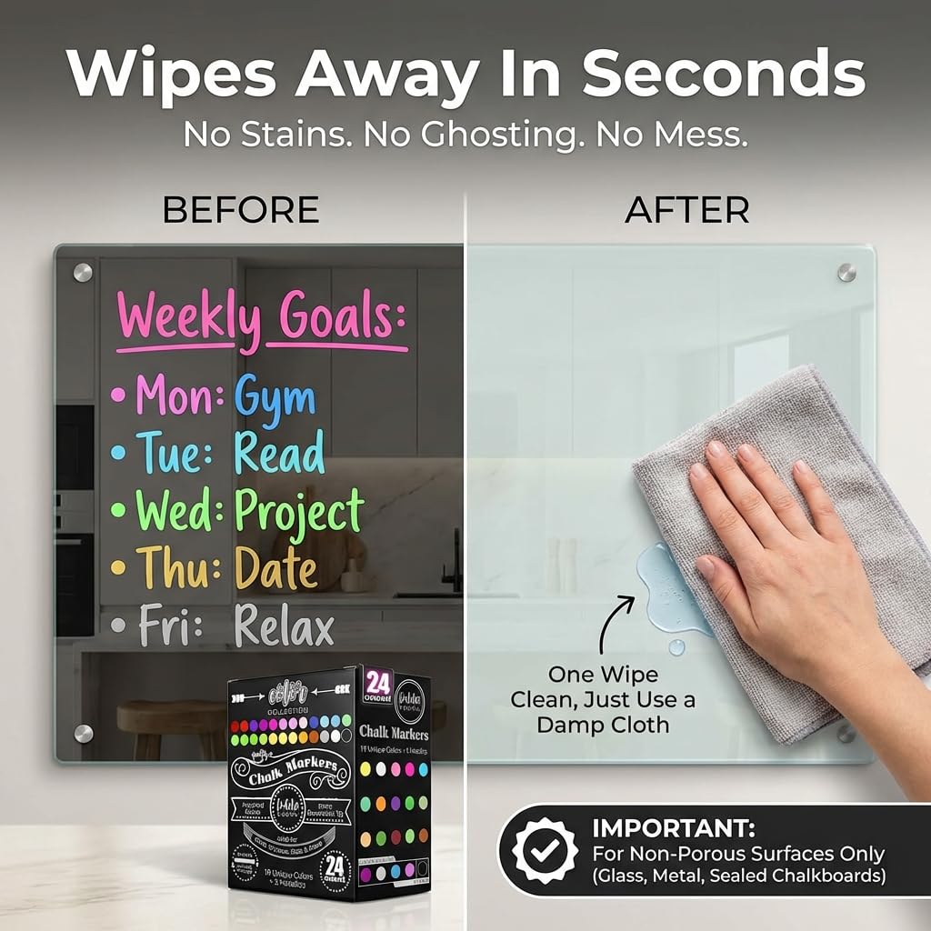 Loddie Doddie Chalk Markers - Pack of 24, 6mm Reversible Tips - Liquid Chalk Pens for Glass & Windows - Dry Erase Chalkboard Markers for Blackboard & Calendars - Non-Toxic Pens for Art & Decor