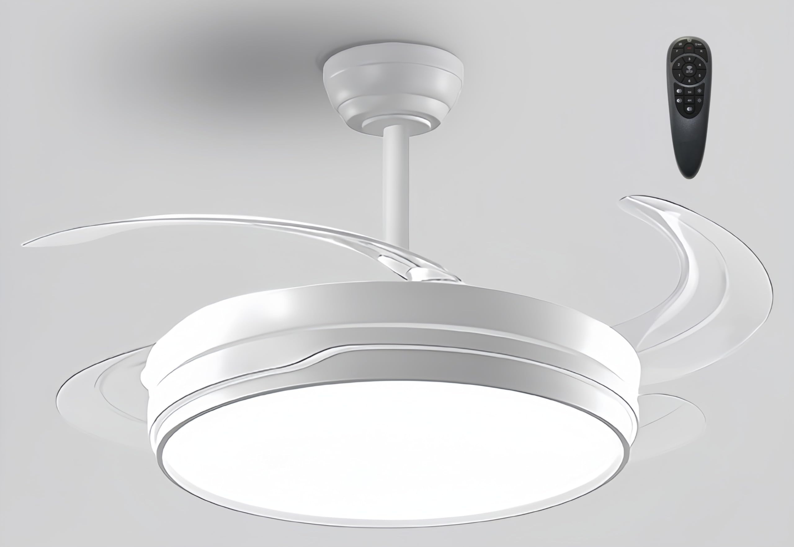 Ventilador techo con luz 84W Ventilador Invisible Ultra Silencioso con Mando a Distancia y Aspas Retráctiles Plafón Función verano-invierno Controlador incorporado (Blanco Nielo)