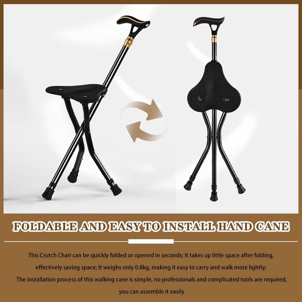 Bastón Taburete De Bastón Ajustable En Altura con 5 Velocidades, Silla Plegable Portátil con Muleta, Bastón Antideslizante con Luz LED, para Las Personas Mayores