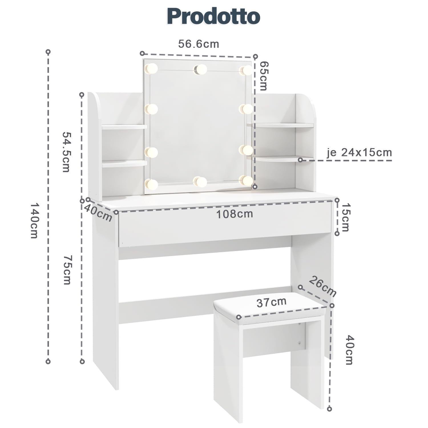 SONNI Toeletta Trucco con Luci, Tavolo da Trucco con Specchio e Sgabello,con Lampadine Luce a 3 Toni Luminosità Regolabile LED 108x40x140cm Bianco