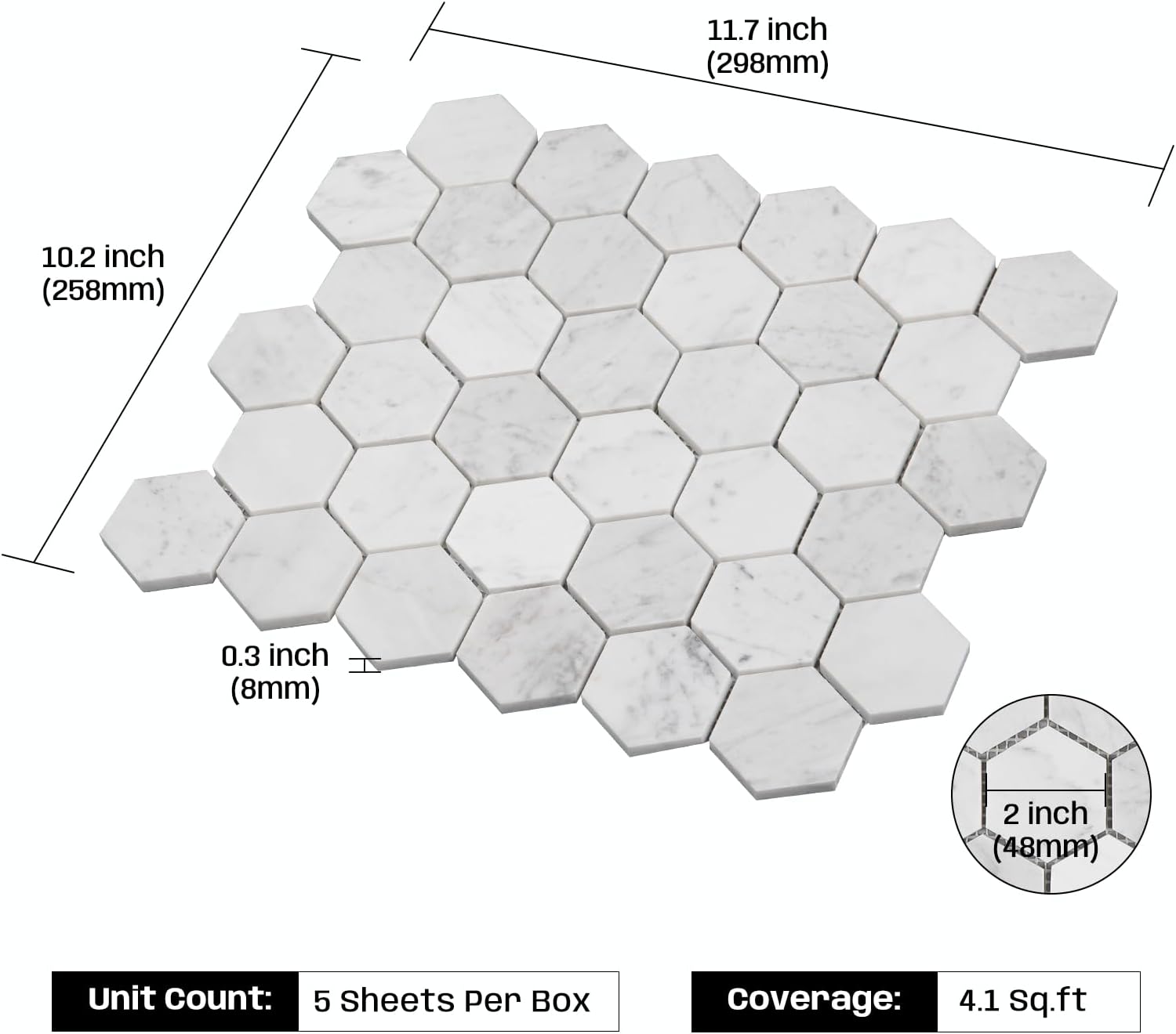 Carrara White Marble Mosaic Tile for Kitchen Bathroom Wall 2" Hexagon 5 Pcs | Water & Heat Resistant Polished Marble Backsplash Tiles for Wall Floor Fireplace Surround Durable Unique Veins 4.1SQFT