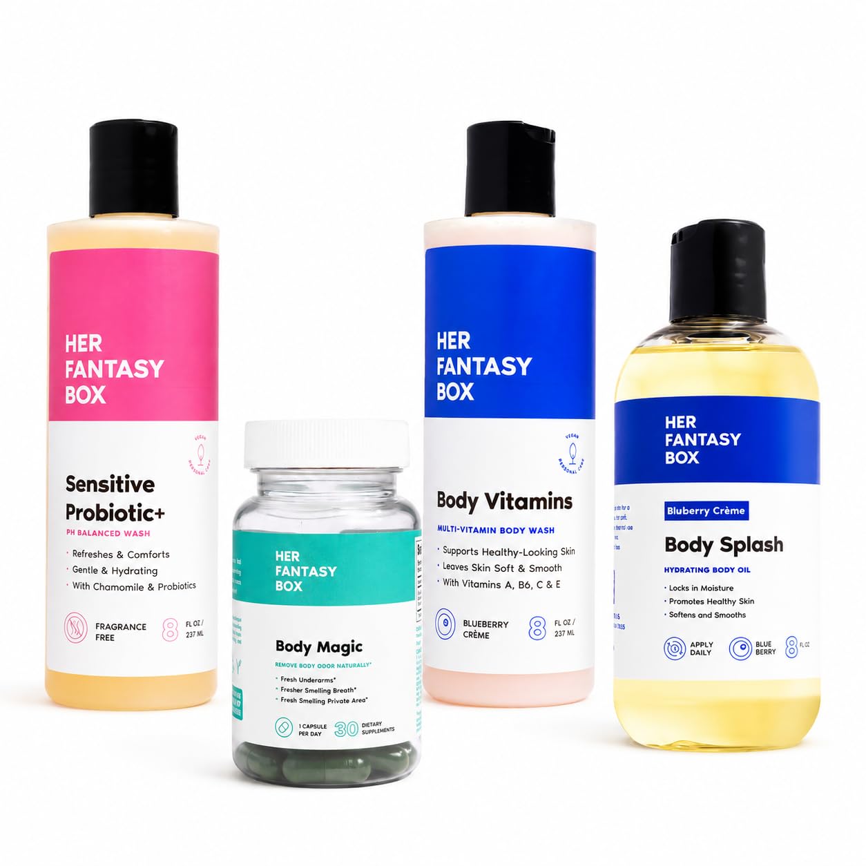 Her Fantasy Box | Body Vitamins Bundle – Vitamin-Rich Body Wash, Sensitive Probiotic Cleanser, Blueberry Crème Body Oil & Chlorophyll Capsules for Soft, Refreshed Skin