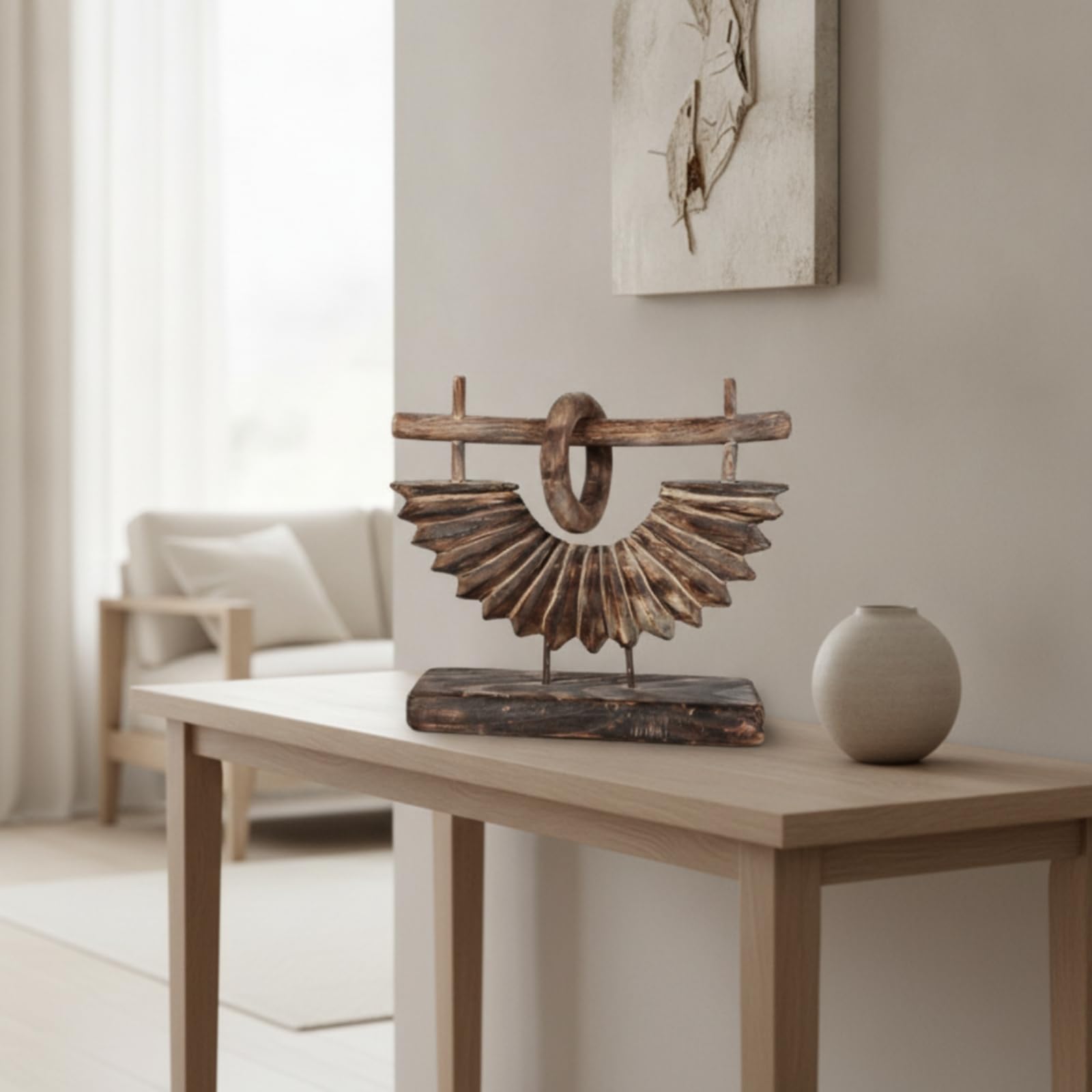 Baoblaze Scultura da Tavolo in Legno Massello Decorazione da Credenza Soprammobile Rustico Ornamento da Ripiano con Due Supporti Verticali E Cerchio Centrale Adatta per