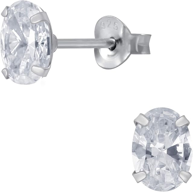 925 Sterling Silver and Cubic Zirconia 5x7mm Oval stud earrings women in various sparkly colours anti allergy hypoallergenic nickel free jewellery ladies sensitive ears gift box