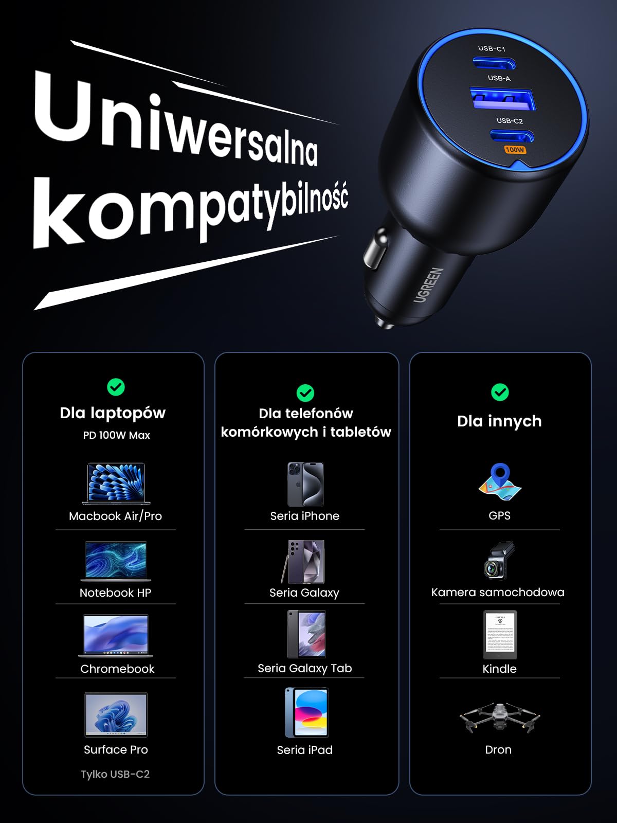 UGREEN zapalniczka samochodowa USB C 130W 3-portowa ładowarka samochodowa