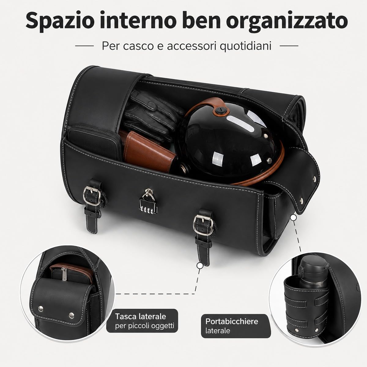 Baule Moto 45 L Nero Per Scooter, Box Posteriore Rigido Effetto Pelle Con Chiusure, Maniglia E Tasca Laterale, Forma Cilindrica, Per Casco, Guanti E Accessori Viaggio E Uso Urbano.