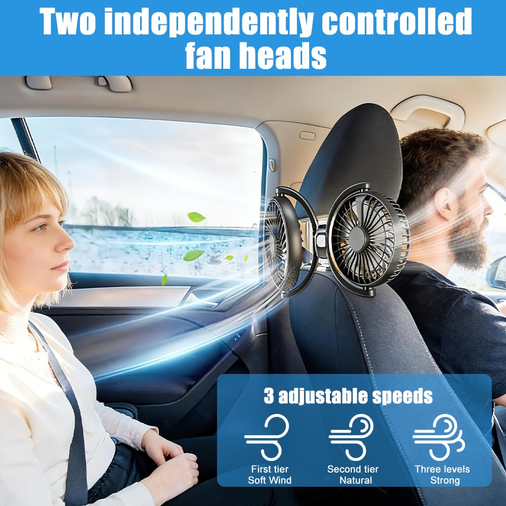 Mineup Ventilatore Per Auto Doppia Testa, Ventilatore 360° Ruotabile Portatile, 360° Girevole Ventole Di Raffreddamento Da Auto Con Controllo Indipendente Per Bambini, Cani, Berlina, SUV, RV