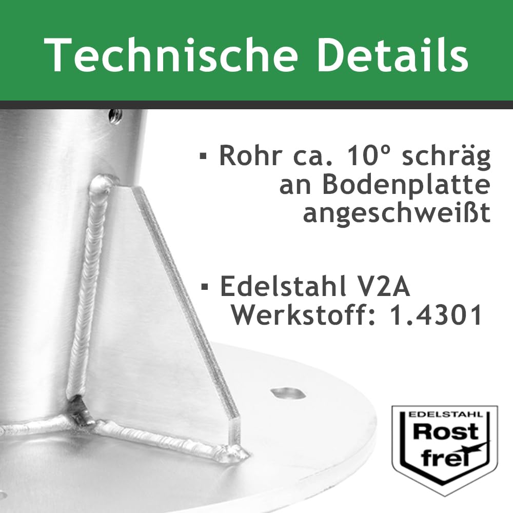 Standfuß, V2A-Edelstahl, zur Befestigung von Sonnensegelstangen mit Ø 70 mm | Rostfreier Mastfuß inkl. Befestigungsset für Beton & Estrich: Gewindestangen M12x150 mm, Verbundmörtel, Statikmischer