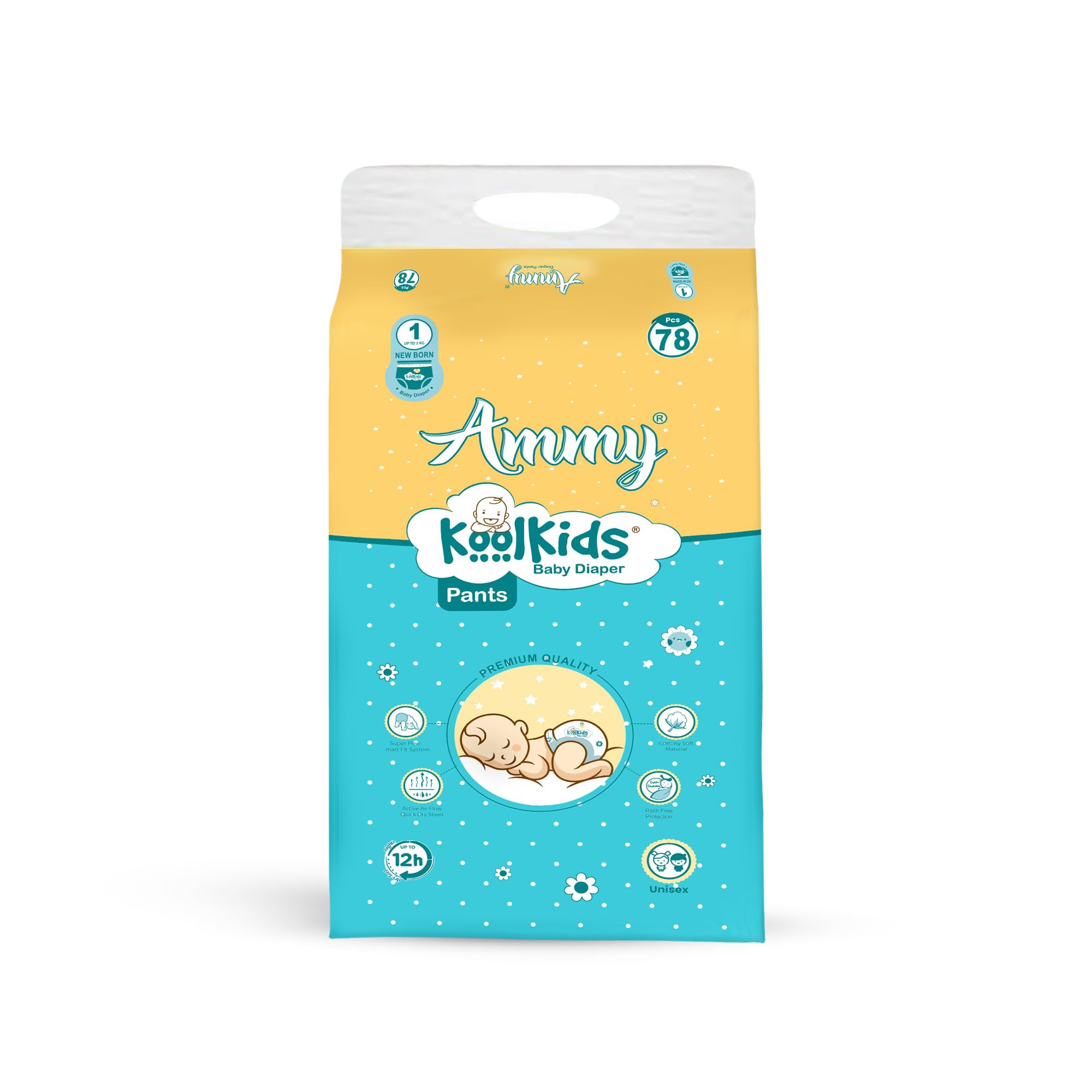 Koolkids Extra Absorb Baby Diaper Pants, NB(78 Count), Rash Free Diaper Pants for Babies, (Upto 3Kg)