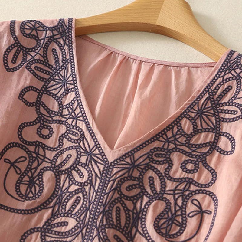 Image of RIEKA Womens Tunic Top with Floral Embroidery V Neck 3 /4 Sleeve Relaxed Fit Casual Ethnic Fusion Top Lightweight Sheer Fabric Everyday Wear for Women