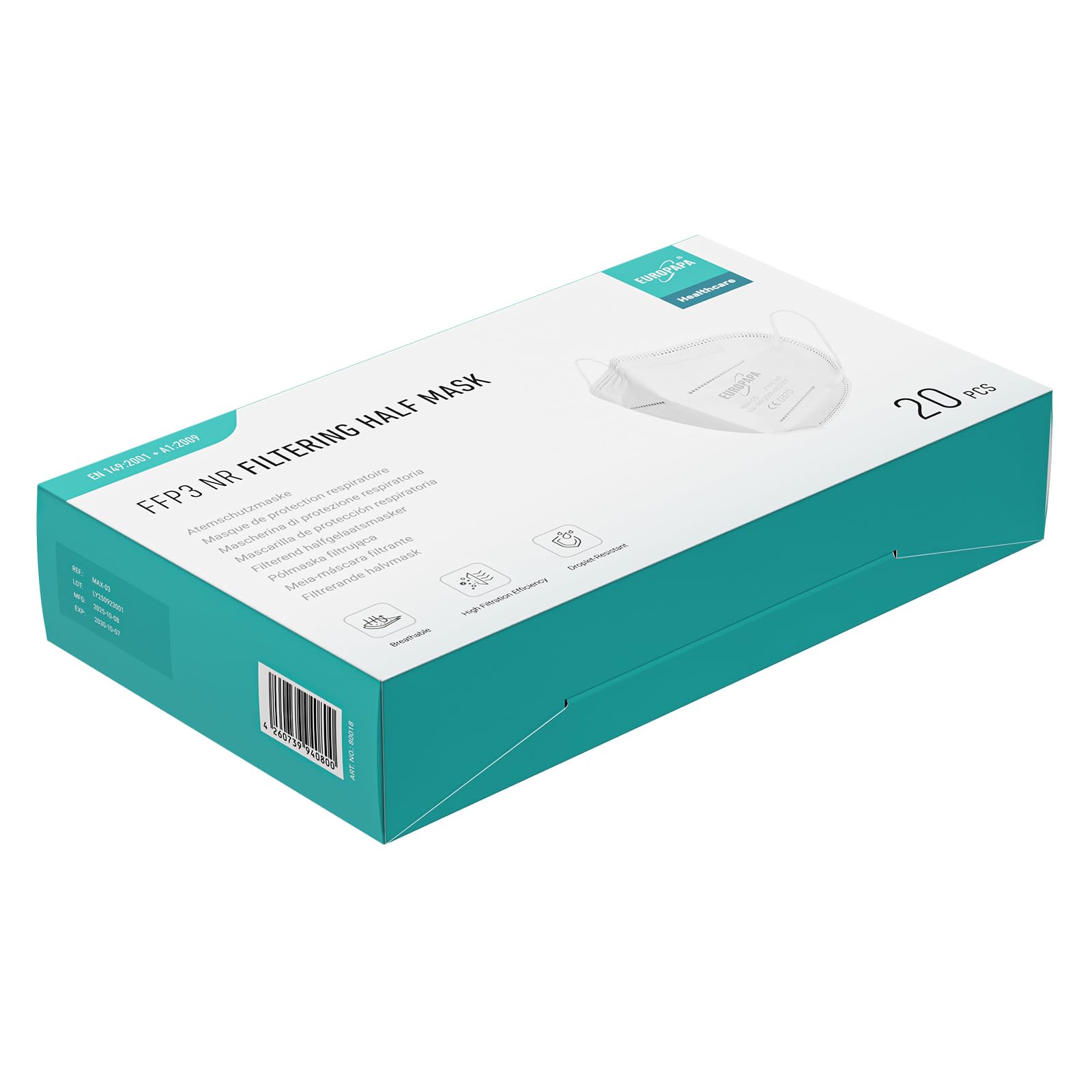 EUROPAPA® 20x Masques Blancs FFP3 Masque Respiratoire Masques Anti-PoussiÈRe 5 Couches EmballÉS HygiÉNiquement Individuellement Corps CertifiÉ EN149:2001+A1:2009 Masque Facial EU2016/425
