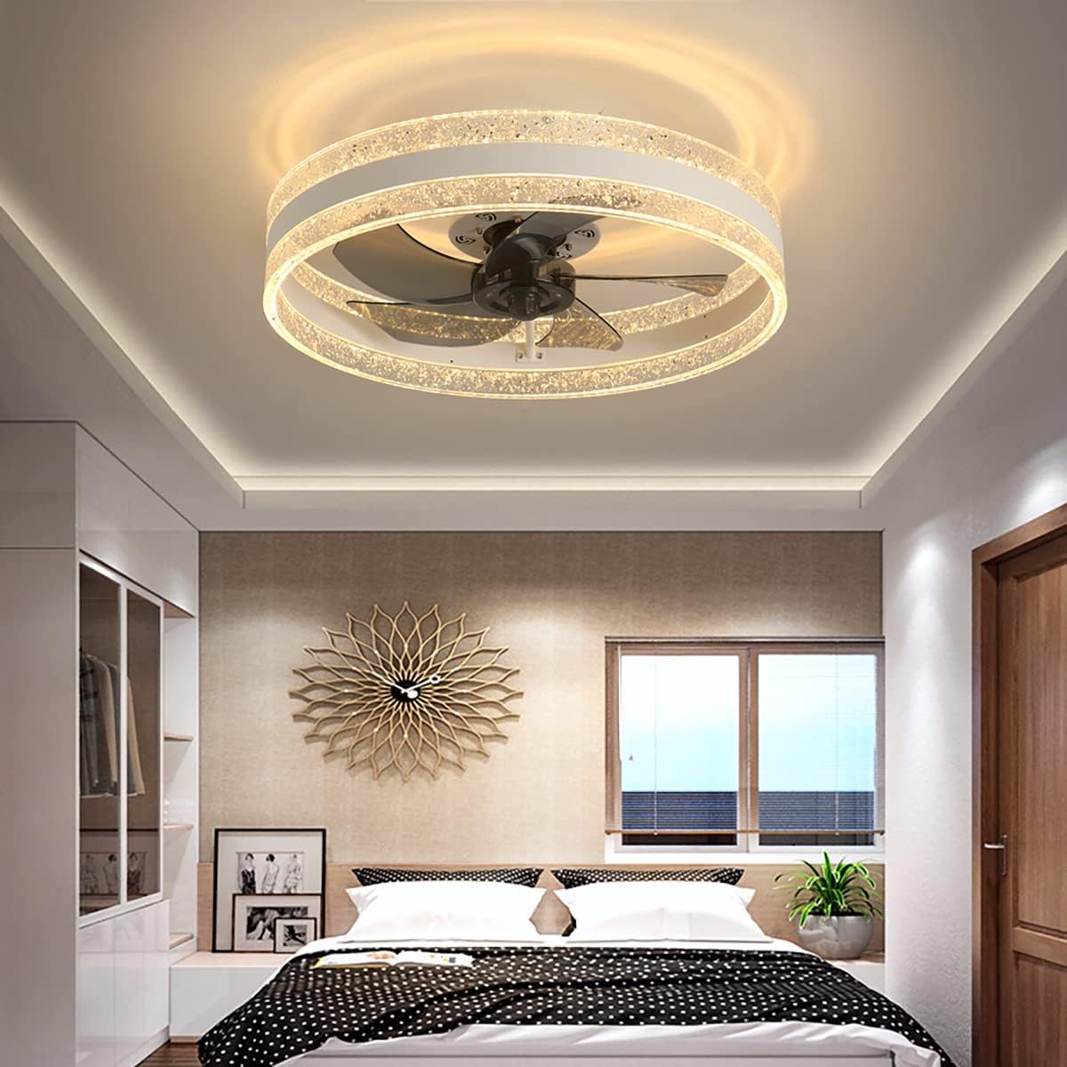 YUEGOO Ceiling Fans with Lamps,Modern Bedroom Fan Ceiling Light with Remote Led Dimmable Mute Ceiling Fan with Light Timer 6 Speeds Invisible Ceiling Fan Light Living Room Quiet/White/50Cm