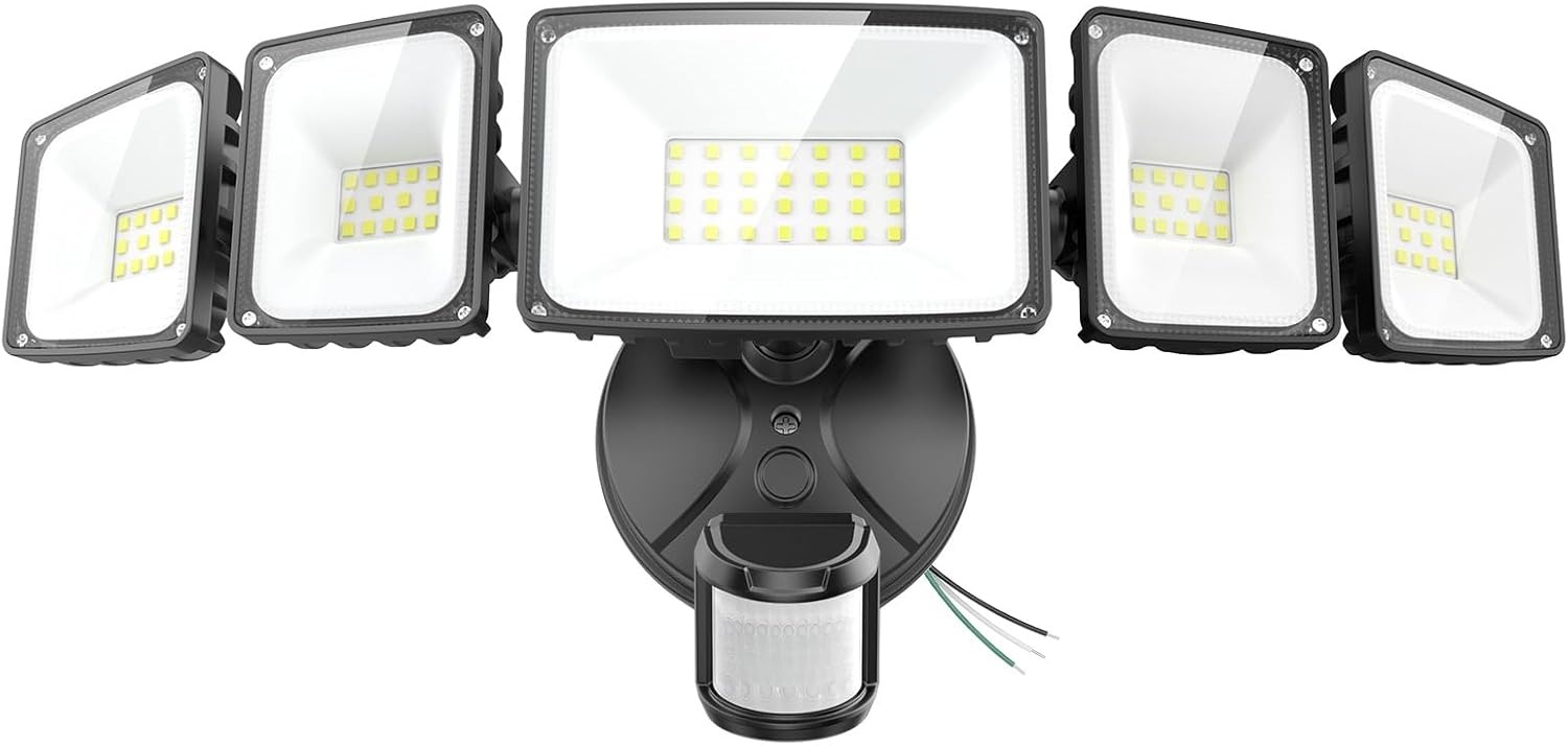 Onforu 7000LM 70W Movement Sensor Out of doors Lights, 5 Head Flood Lights Out of doors Hardwired, IP65 Waterproof LED Safety Gentle, 6500K Nightfall to Daybreak Out of doors Lighting, Floodlight for Storage, Yard, Driveways