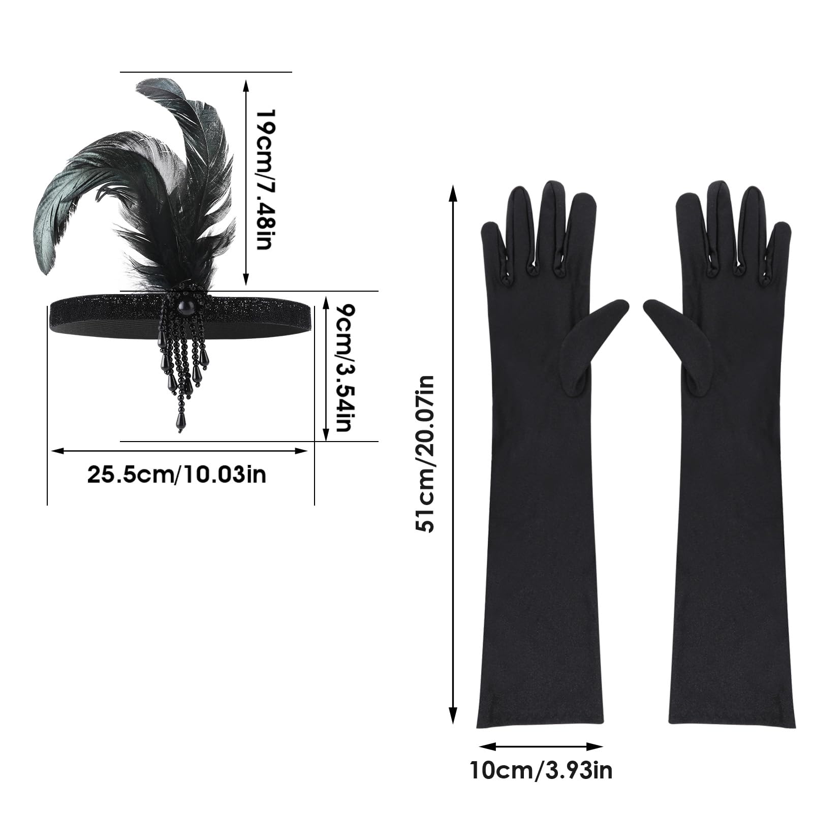 Gjinxi Kobiety lata 20. Flapper Feather opaska na głowę zestaw rękawiczek maskarada motyw Gatsby nakrycie głowy długie rękawiczki na Halloween, przyjęcie herbaciane, karnawał, kostium do włosów