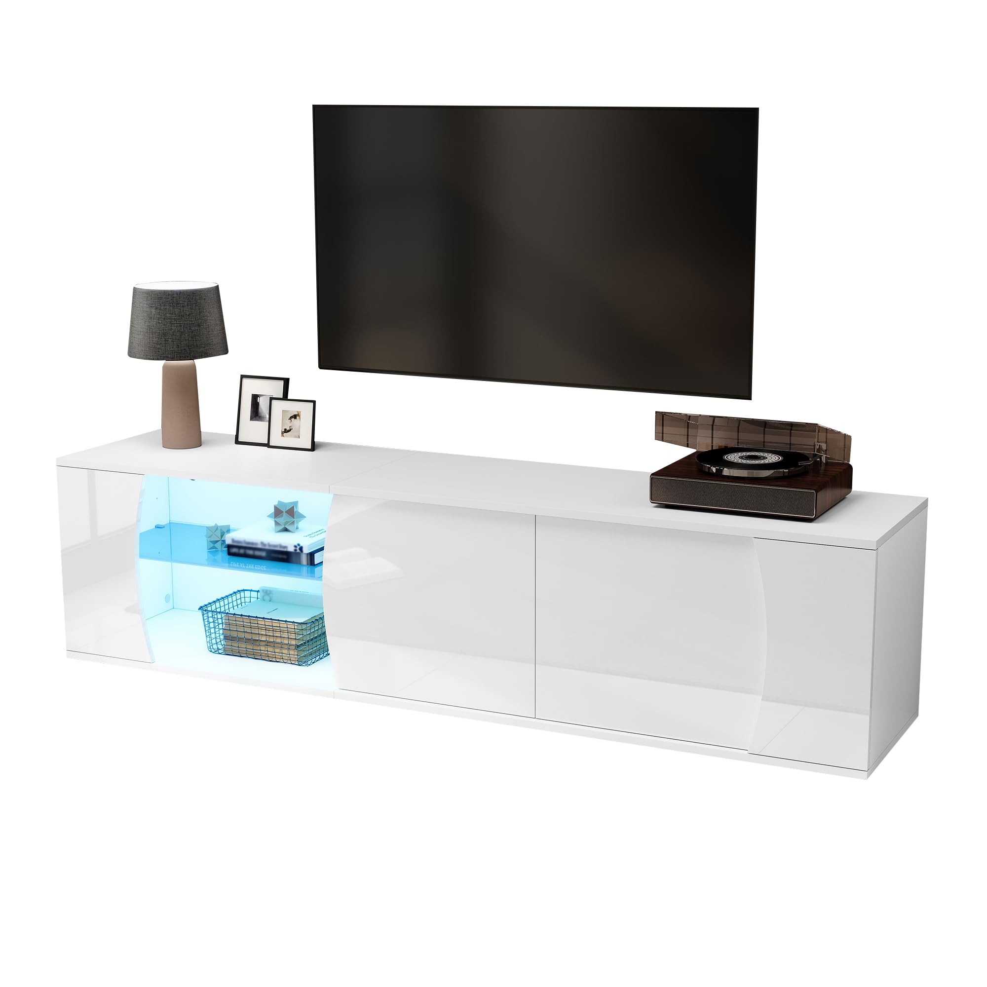 BTM 180x40x45cm TV-Schrank, lowboard Mit 3 Schranktüren, Schrank aus gehärtetem Glas,Hochwertiger Entertainment-TV-Schrank mit LEDs,Stand-TV-Ständer, geeignet für 80-Zoll-Fernseher